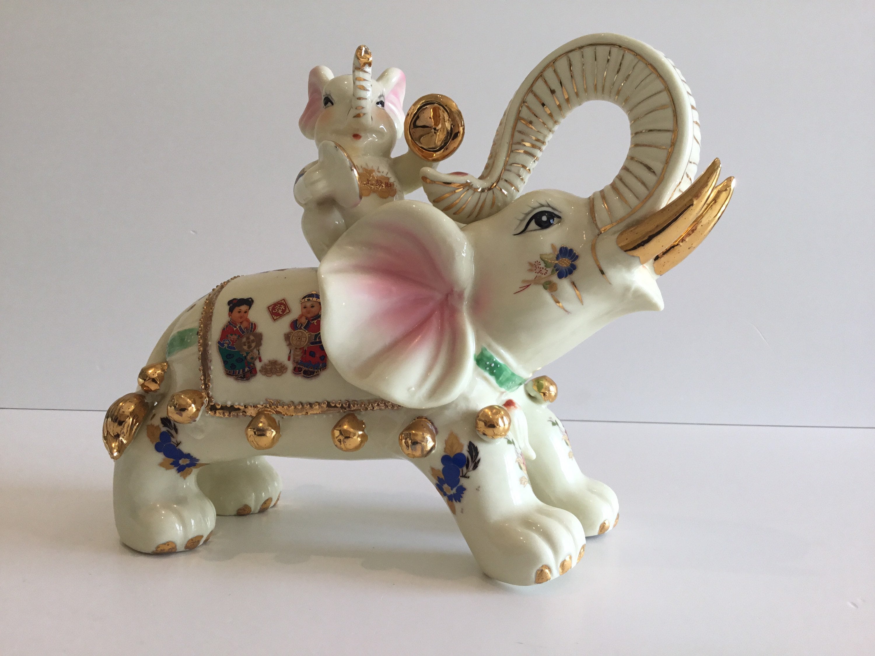 Vintage Porcelain Elephants | 1950s Chinese Pair, Gold Decorated Large Lucky Charm Decor — photo 7 of 11