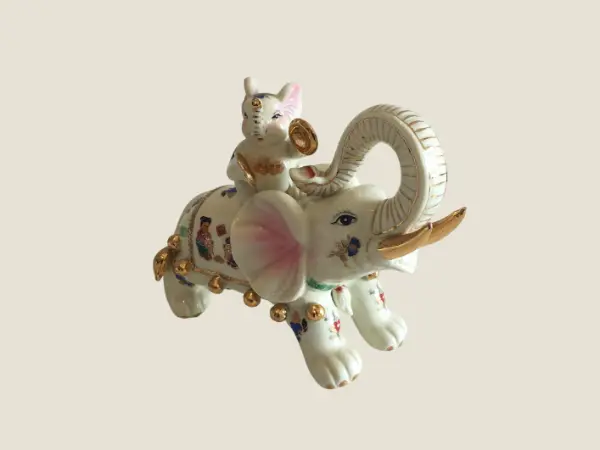 Vintage Porcelain Elephants | 1950s Chinese Pair, Gold Decorated Large Lucky Charm Decor