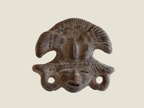 Vintage Mexican Mask | 1950s Folk Art Terracotta, Aztec Style Face Pottery