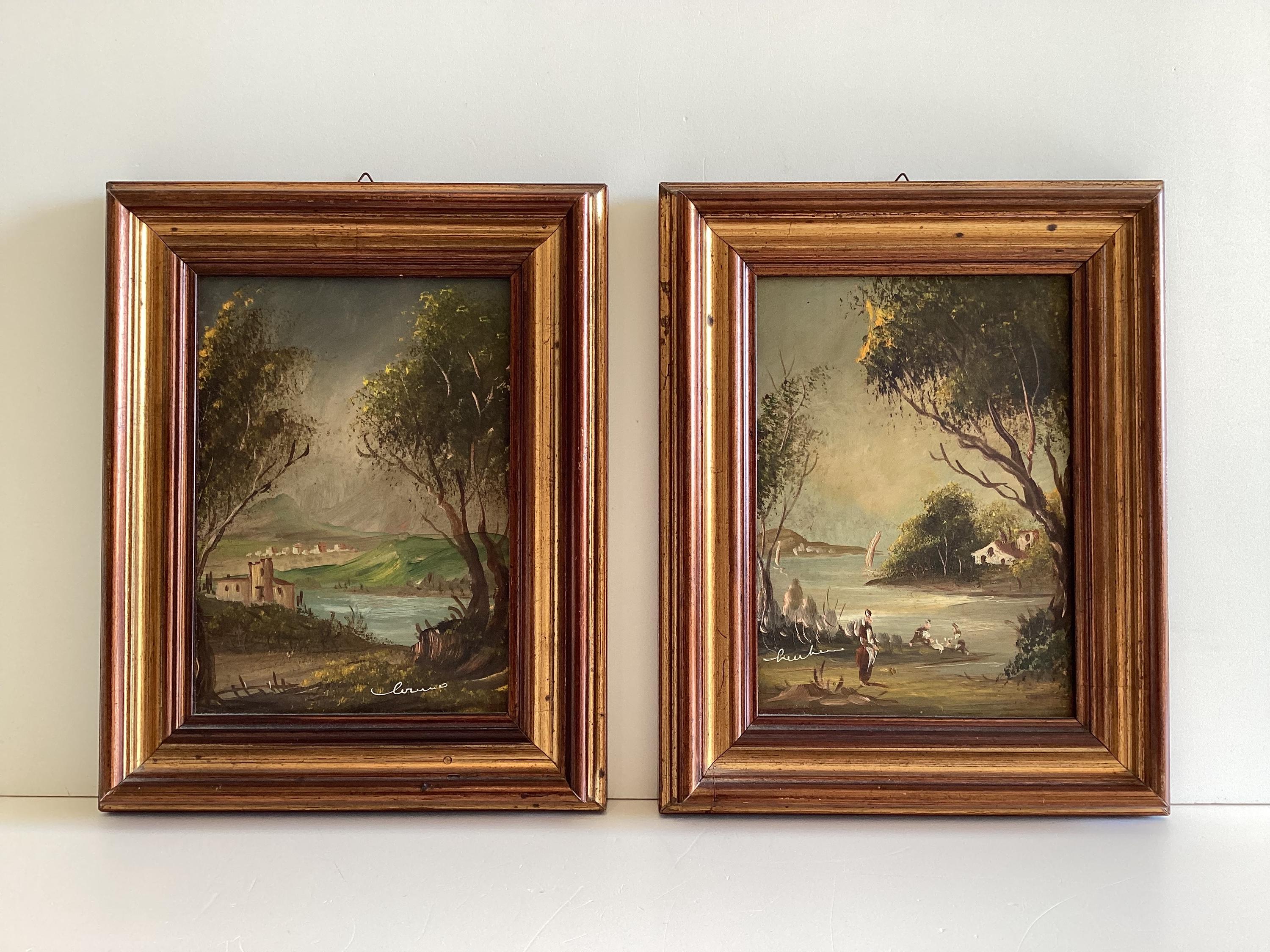 Vintage Paintings Oil on Copper Landscapes Pair Signed Framed 1950s — photo 2 of 11