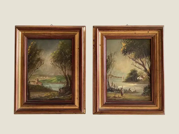 Vintage Paintings Oil on Copper Landscapes Pair Signed Framed 1950s