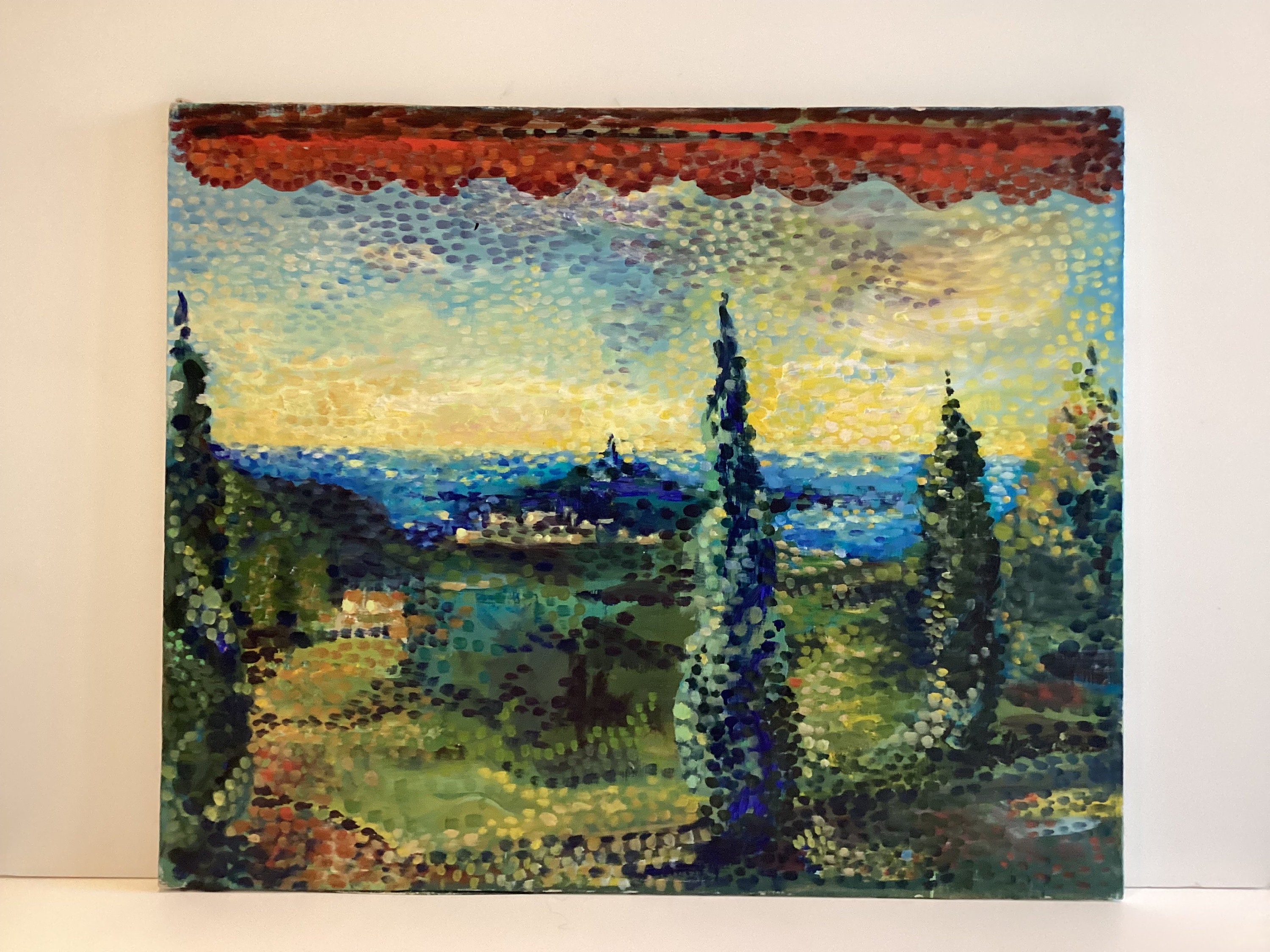Vintage Painting | 1900s French Impressionist View of Menton, Pointillist Oil on Canvas — photo 2 of 10
