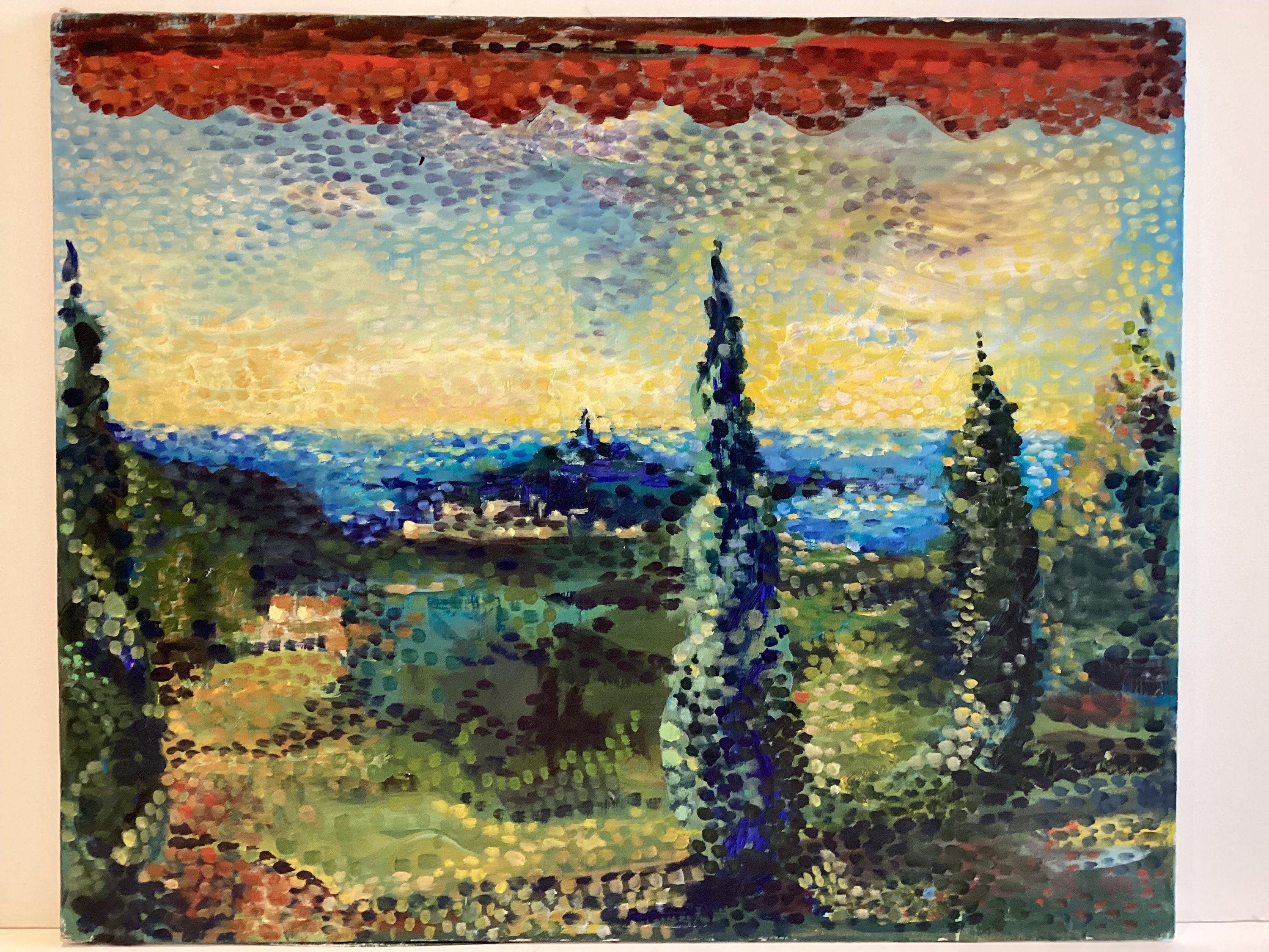 Vintage Painting | 1900s French Impressionist View of Menton, Pointillist Oil on Canvas — photo 3 of 10