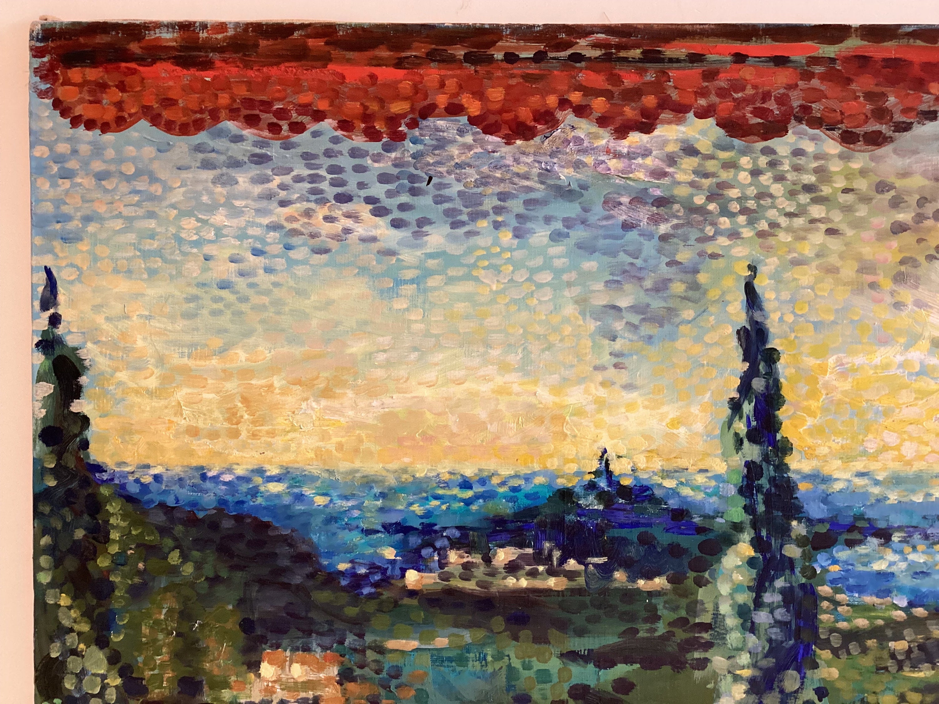 Vintage Painting | 1900s French Impressionist View of Menton, Pointillist Oil on Canvas — photo 4 of 10