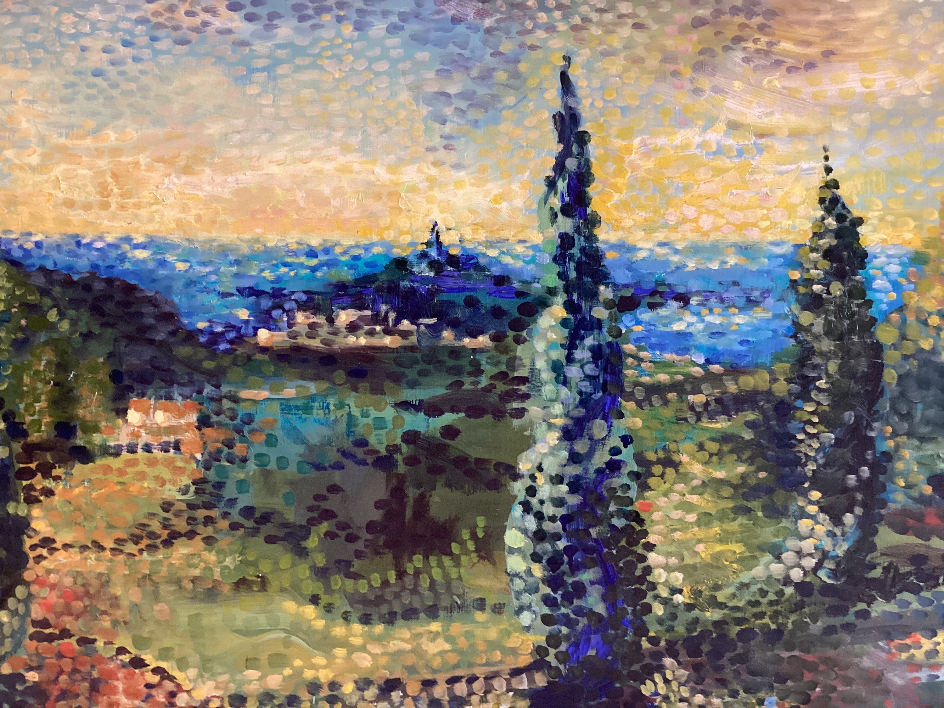 Vintage Painting | 1900s French Impressionist View of Menton, Pointillist Oil on Canvas — photo 8 of 10