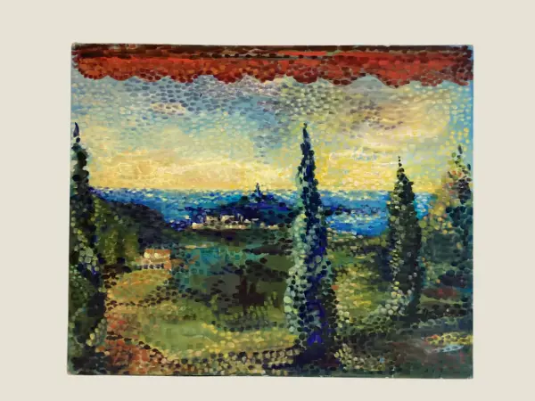 Vintage Painting | 1900s French Impressionist View of Menton, Pointillist Oil on Canvas