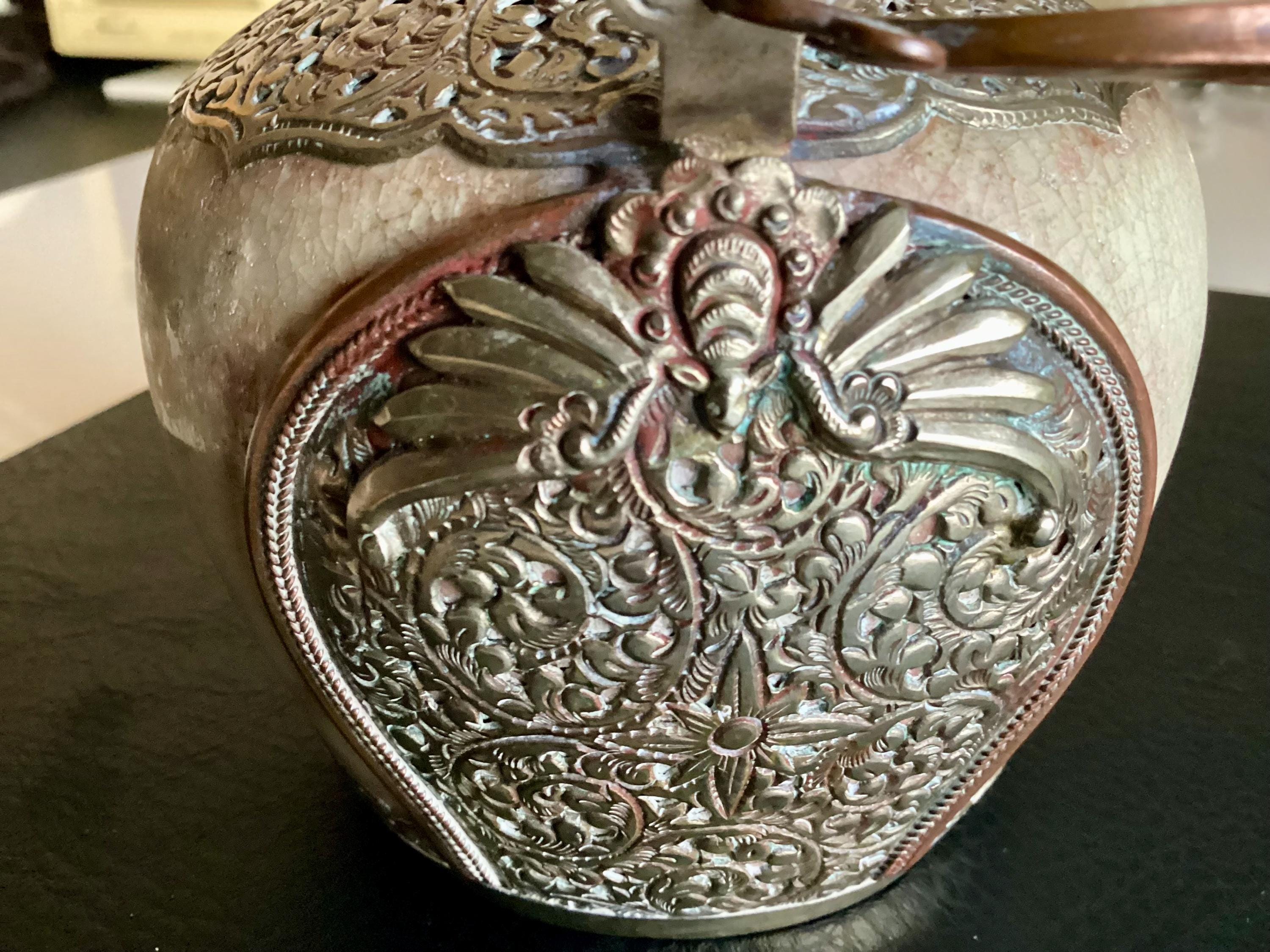 Antique Tibetan Majolica | 1800s Silver Metal Snuff Bottle, Glazed Jade Green Container — photo 11 of 11