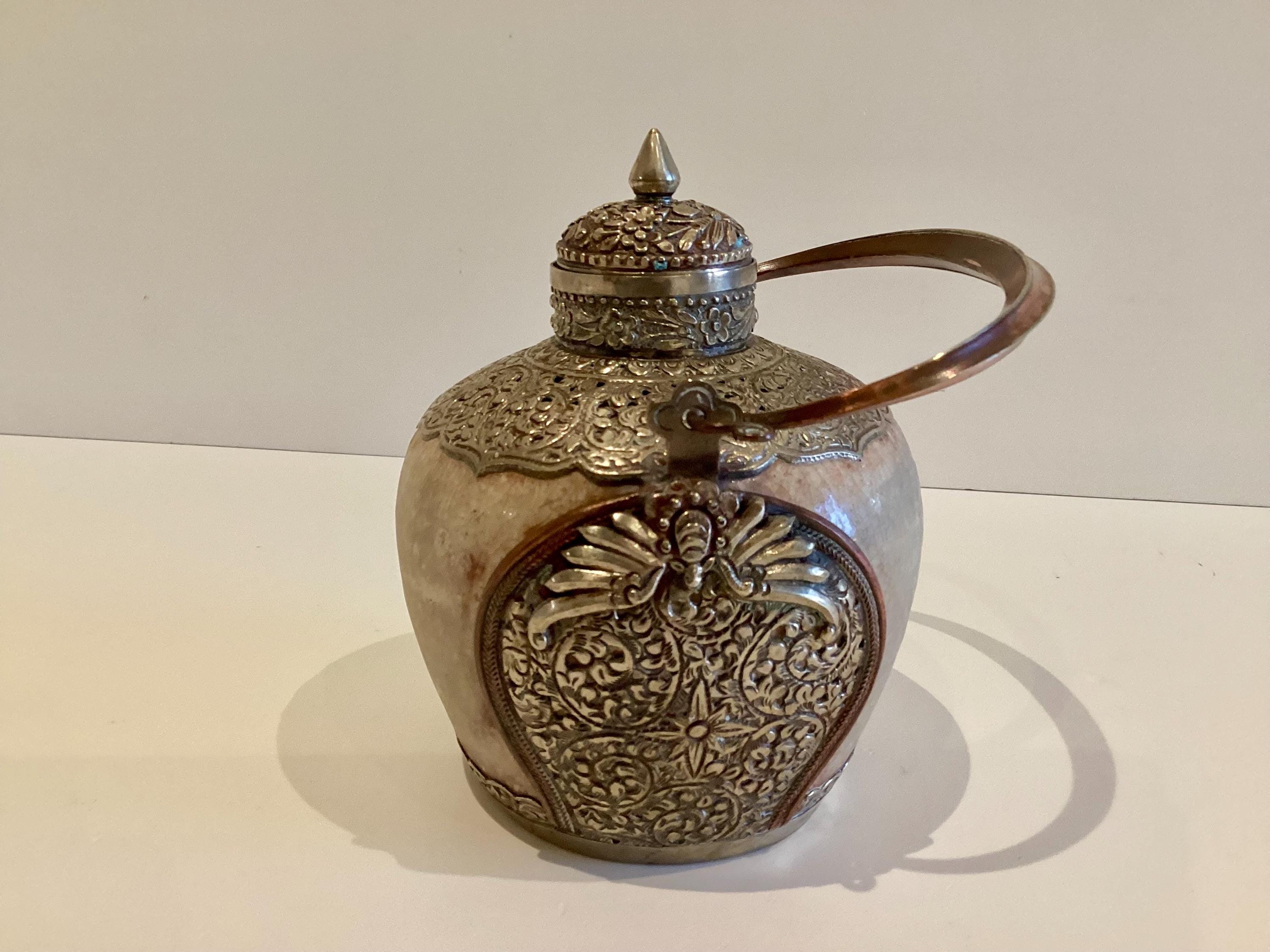 Antique Tibetan Majolica | 1800s Silver Metal Snuff Bottle, Glazed Jade Green Container — photo 3 of 11