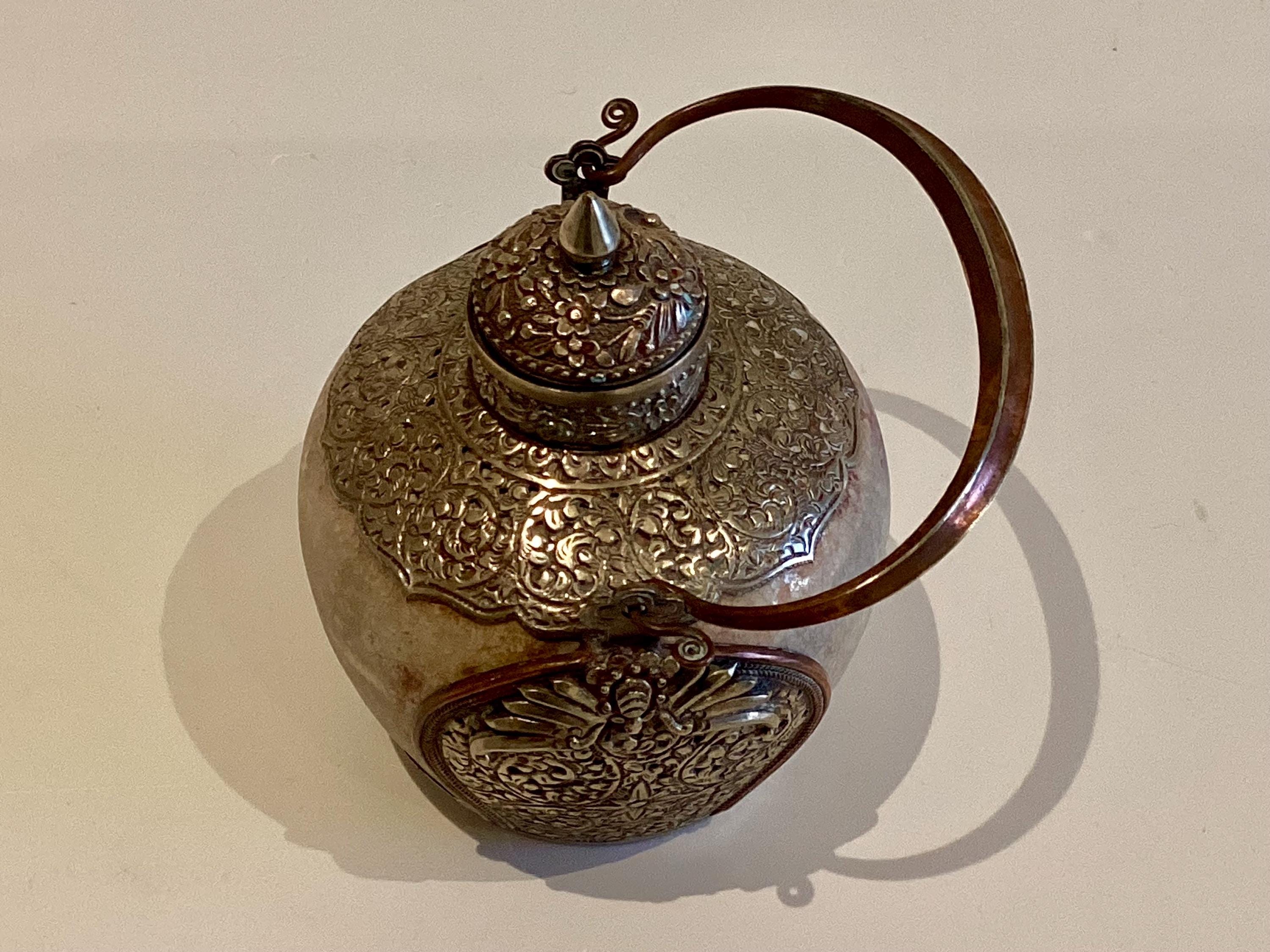 Antique Tibetan Majolica | 1800s Silver Metal Snuff Bottle, Glazed Jade Green Container — photo 4 of 11