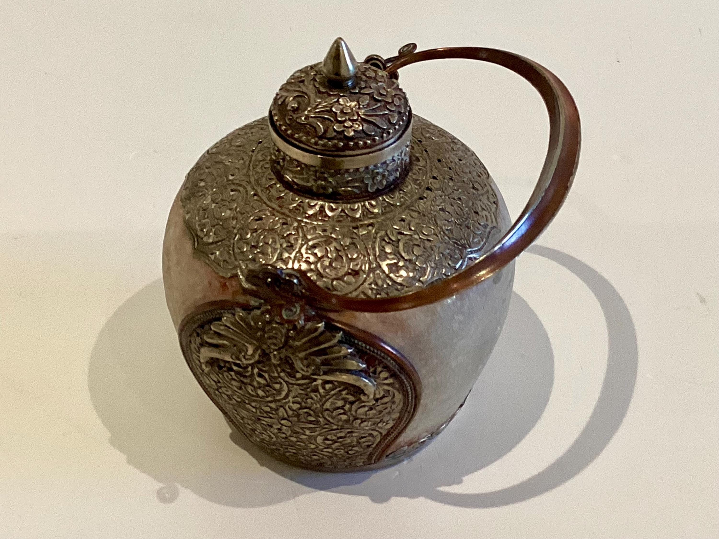 Antique Tibetan Majolica | 1800s Silver Metal Snuff Bottle, Glazed Jade Green Container — photo 5 of 11