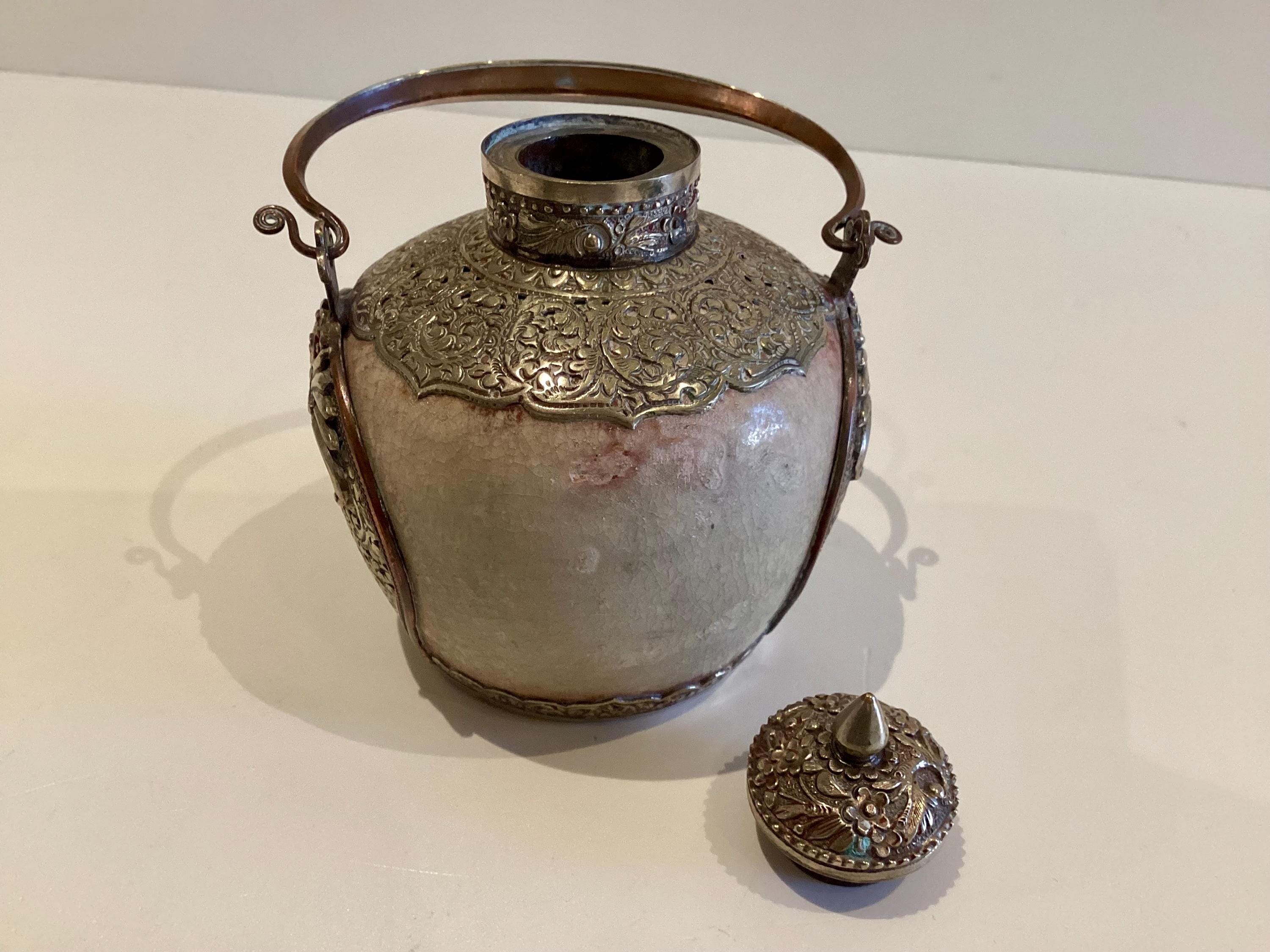 Antique Tibetan Majolica | 1800s Silver Metal Snuff Bottle, Glazed Jade Green Container — photo 6 of 11