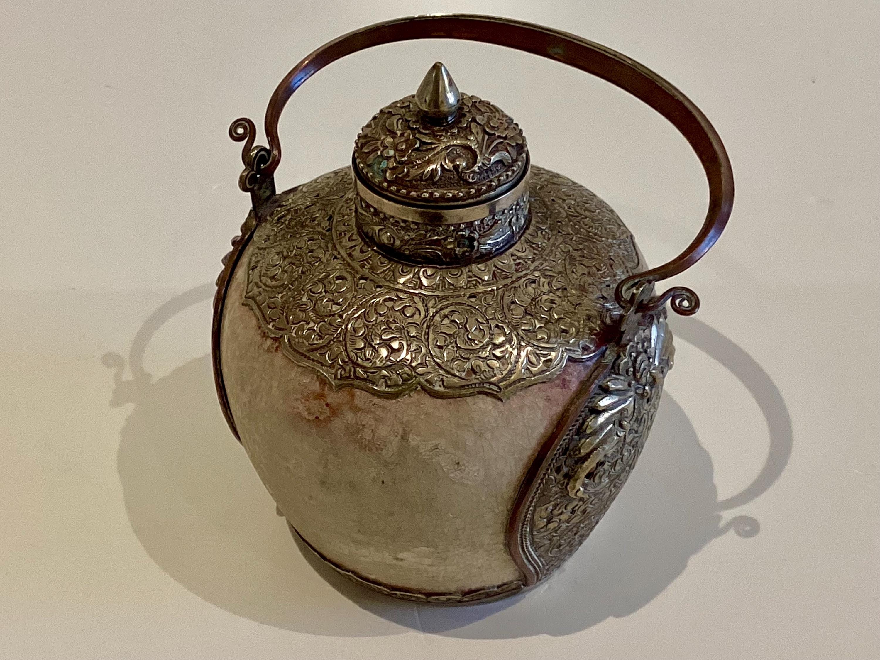 Antique Tibetan Majolica | 1800s Silver Metal Snuff Bottle, Glazed Jade Green Container — photo 7 of 11
