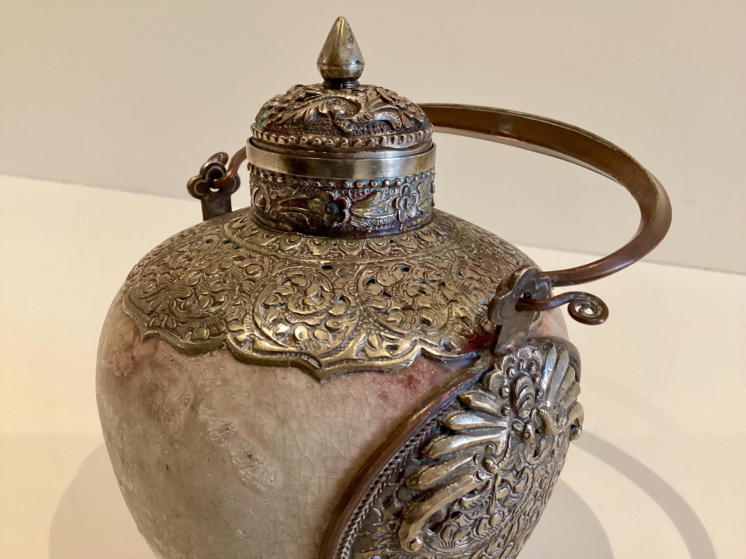 Antique Tibetan Majolica | 1800s Silver Metal Snuff Bottle, Glazed Jade Green Container — photo 8 of 11