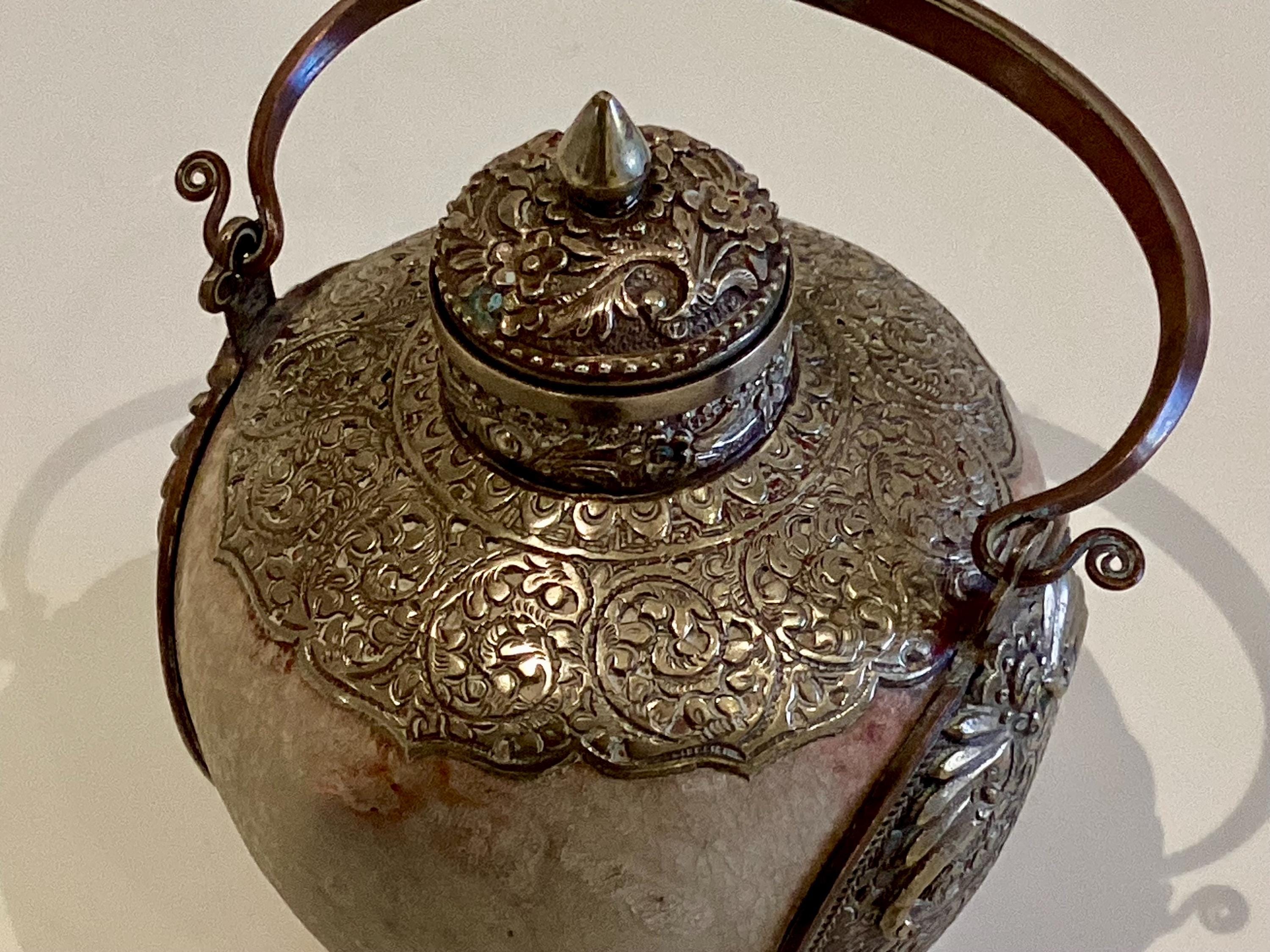Antique Tibetan Majolica | 1800s Silver Metal Snuff Bottle, Glazed Jade Green Container — photo 9 of 11