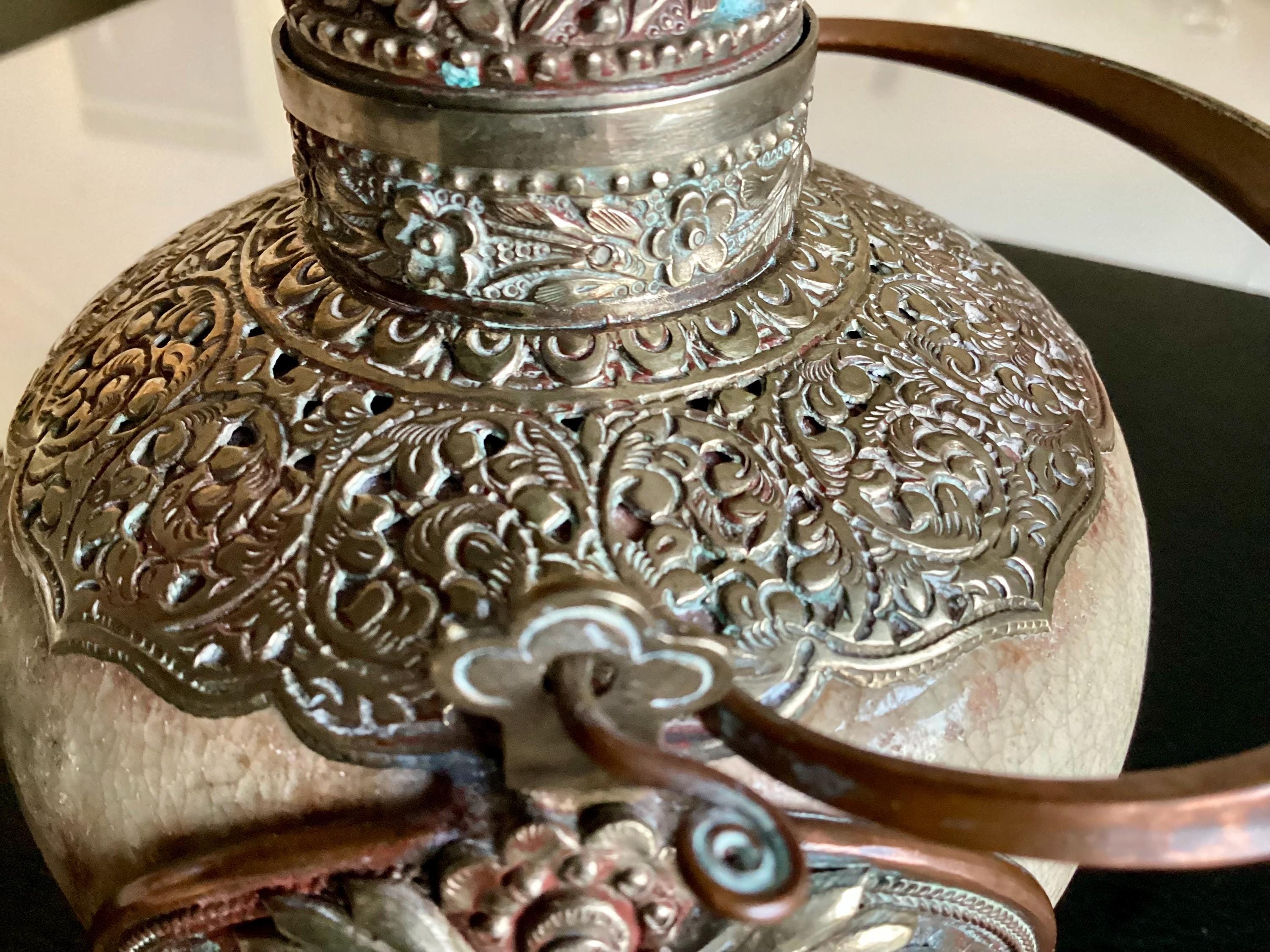 Antique Tibetan Majolica | 1800s Silver Metal Snuff Bottle, Glazed Jade Green Container — photo 10 of 11