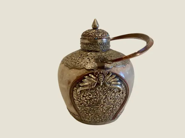 Antique Tibetan Majolica | 1800s Silver Metal Snuff Bottle, Glazed Jade Green Container