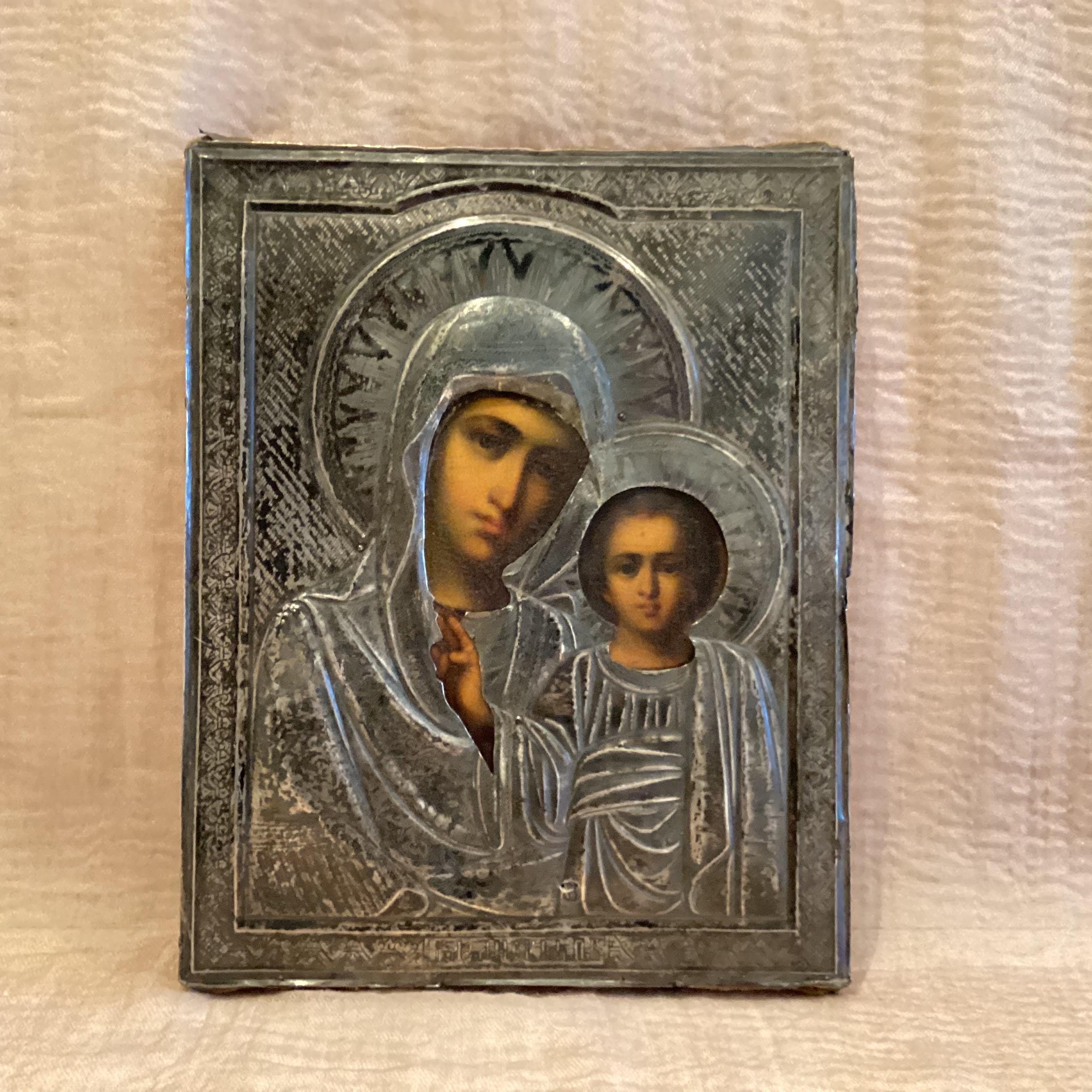 Antique Icon | 1800s Mother of God, Marked Silver Riza — photo 2 of 11