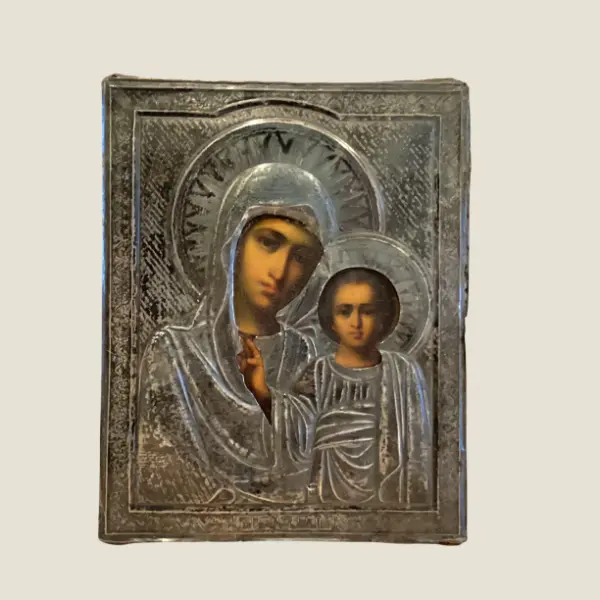 Antique Icon | 1800s Mother of God, Marked Silver Riza