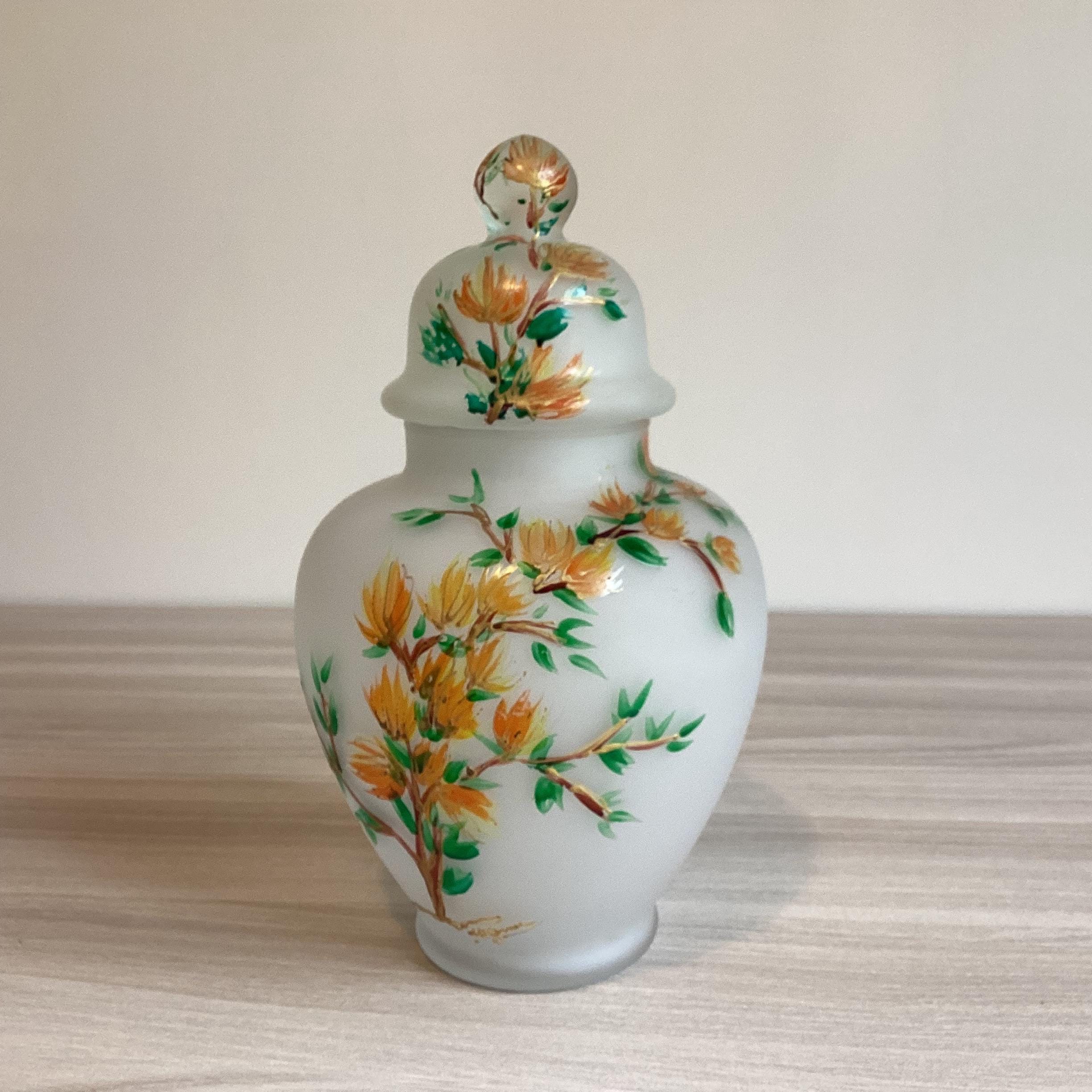 Glass Vase | 1930s Hand Painted Collectible Japanese Jar With Lid, Home Decor — photo 2 of 9
