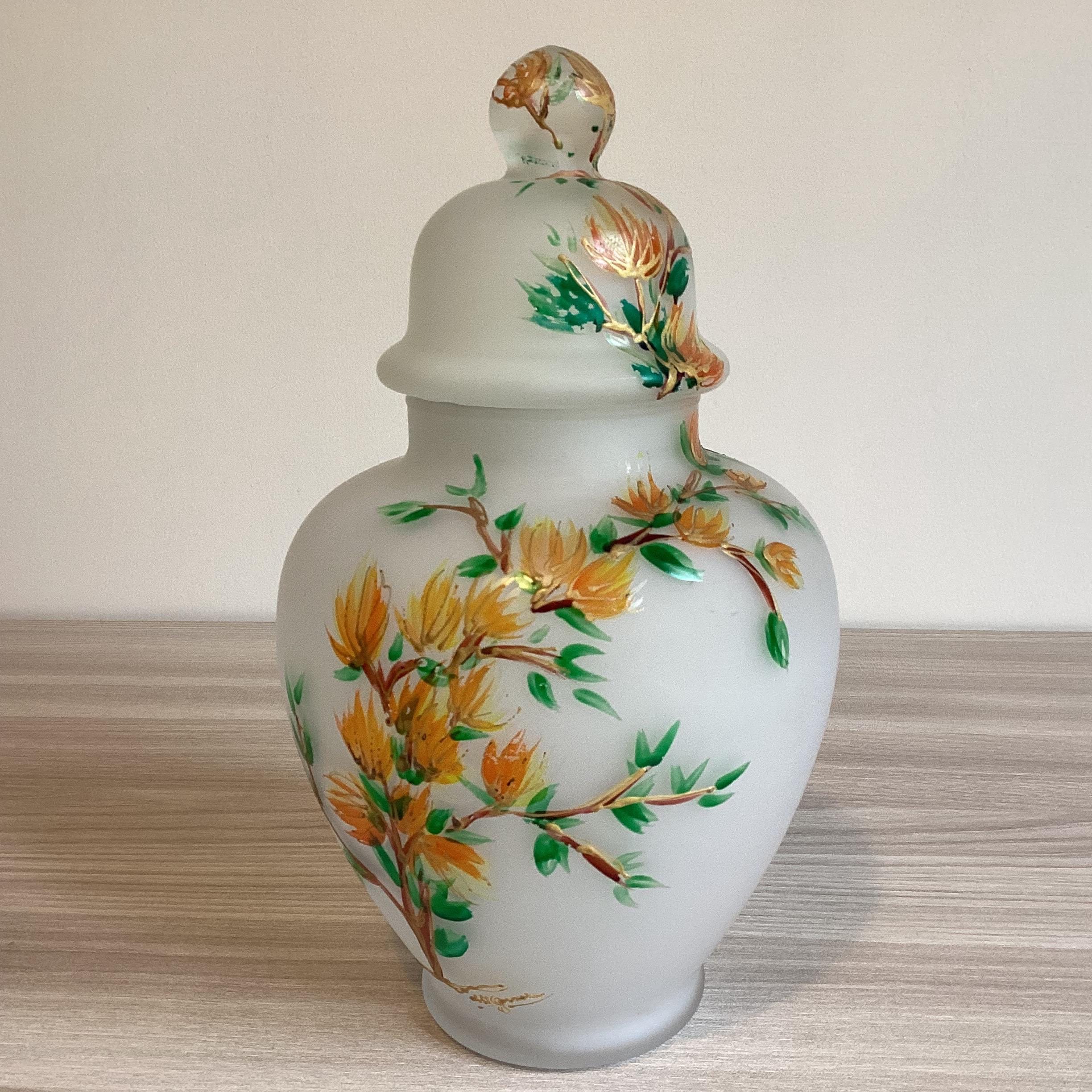 Glass Vase | 1930s Hand Painted Collectible Japanese Jar With Lid, Home Decor — photo 3 of 9