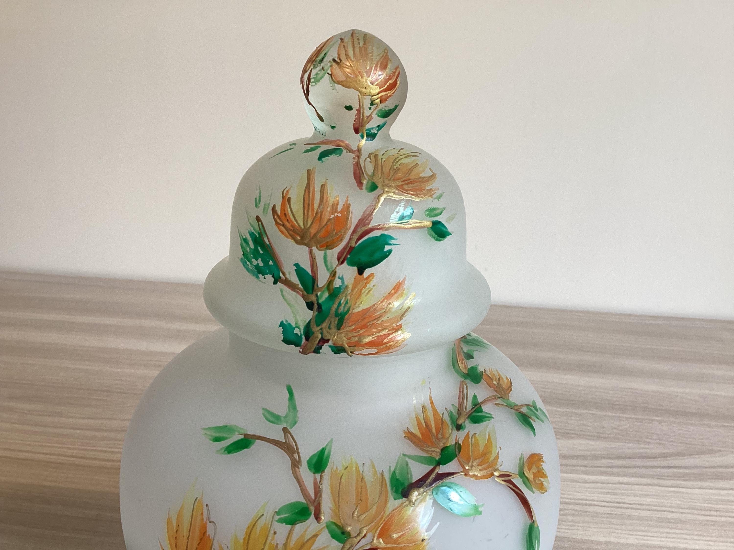 Glass Vase | 1930s Hand Painted Collectible Japanese Jar With Lid, Home Decor — photo 4 of 9