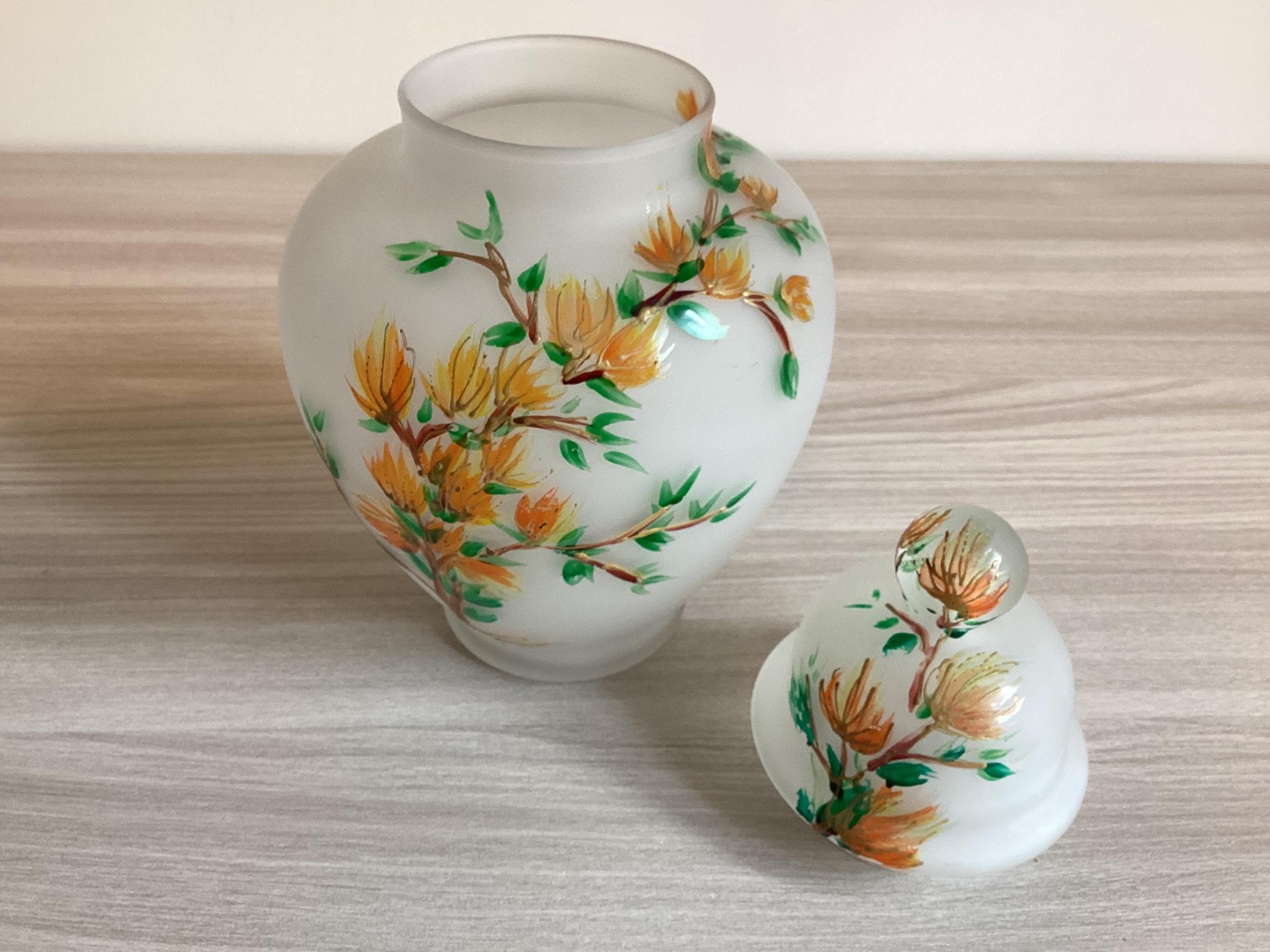 Glass Vase | 1930s Hand Painted Collectible Japanese Jar With Lid, Home Decor — photo 5 of 9