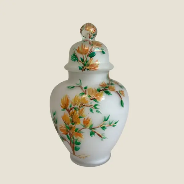 Glass Vase | 1930s Hand Painted Collectible Japanese Jar With Lid, Home Decor