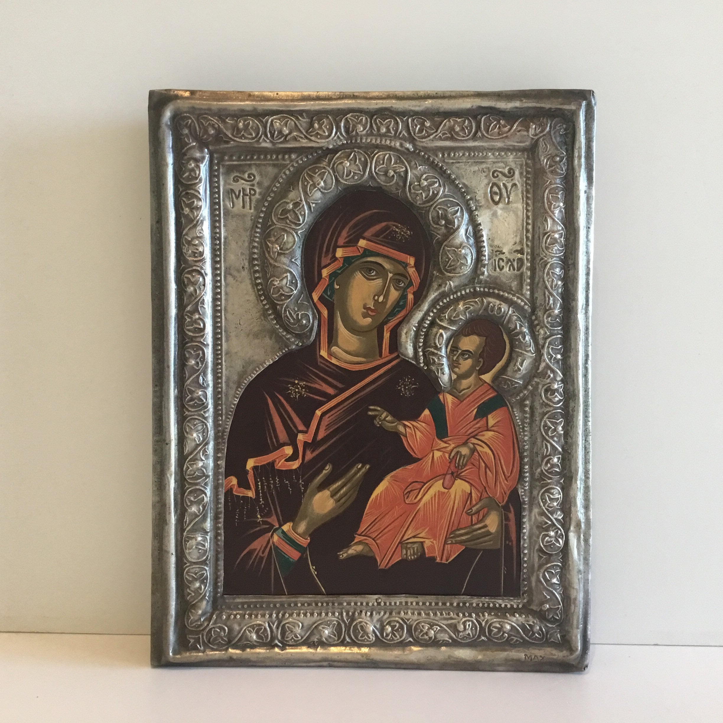 Vintage Greek Icon – Saint Mary Odigitria (1950s) Madonna with Child, Silver-Plated Wood Panel — photo 2 of 10