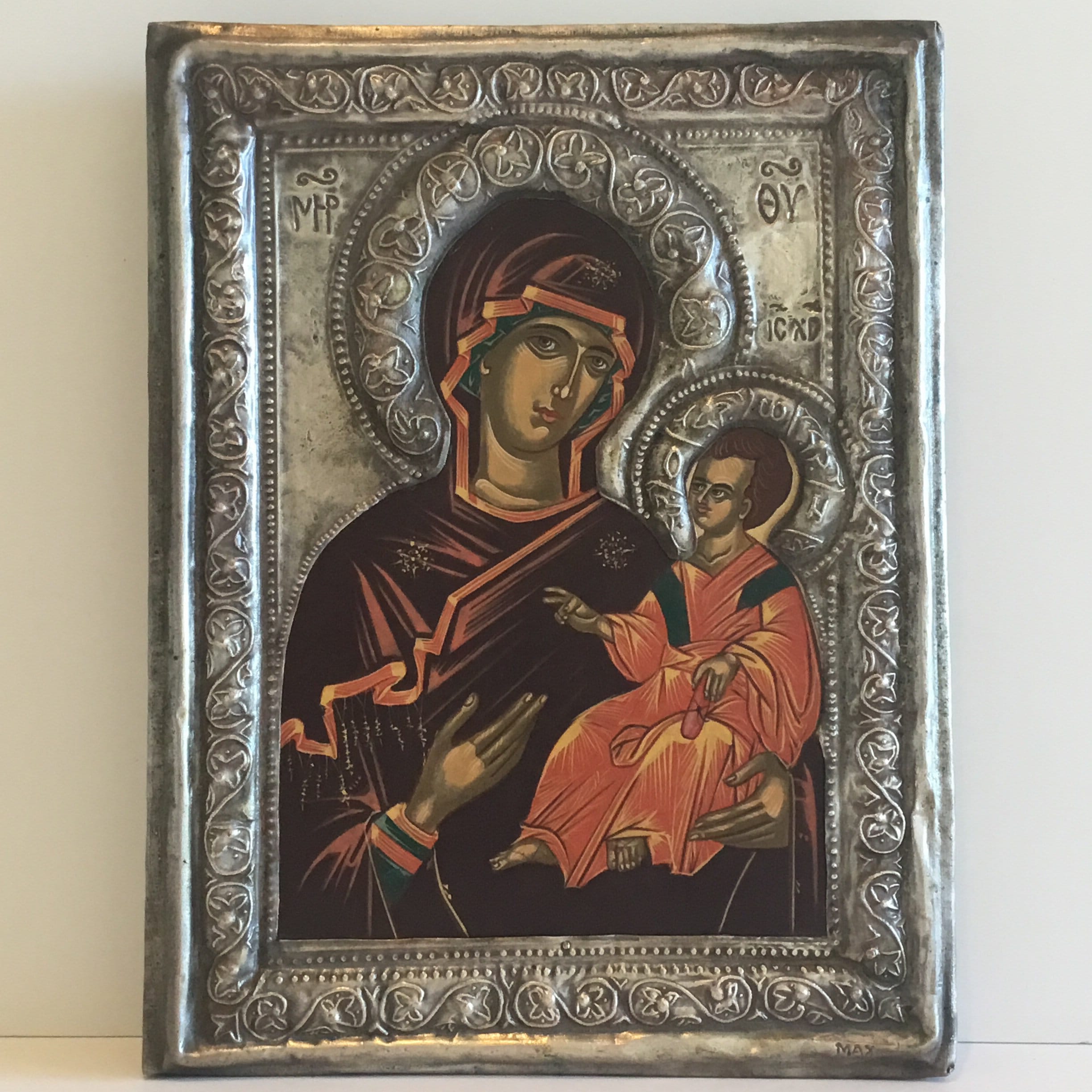 Vintage Greek Icon – Saint Mary Odigitria (1950s) Madonna with Child, Silver-Plated Wood Panel — photo 3 of 10