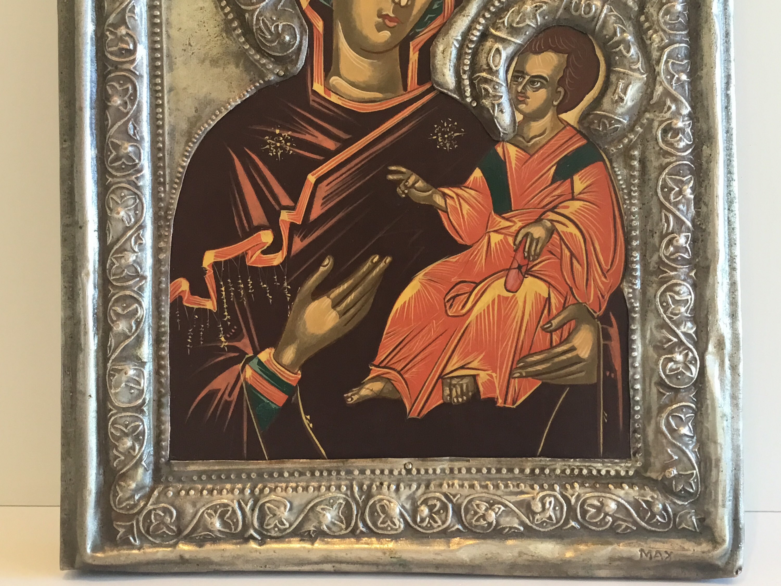 Vintage Greek Icon – Saint Mary Odigitria (1950s) Madonna with Child, Silver-Plated Wood Panel — photo 9 of 10