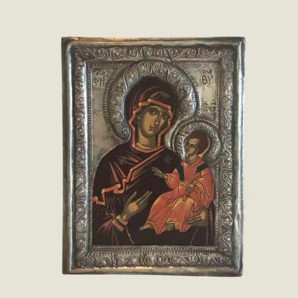 Vintage Greek Icon – Saint Mary Odigitria (1950s) Madonna with Child, Silver-Plated Wood Panel