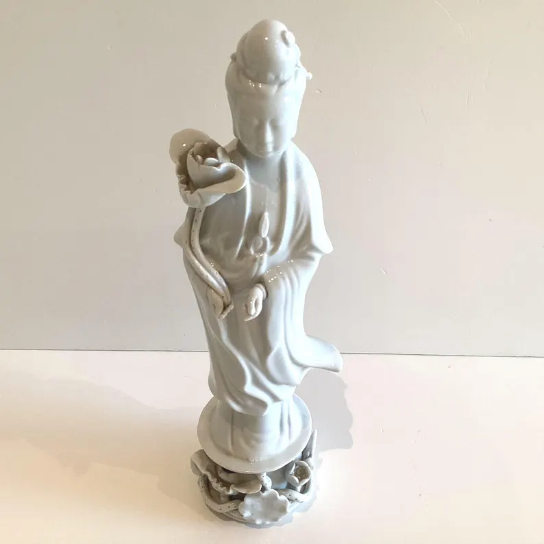 Vintage Porcelain Sculpture | 1950s Chinese Guan Yin Goddess, Large Handmade Figurine, photo 5 of 8