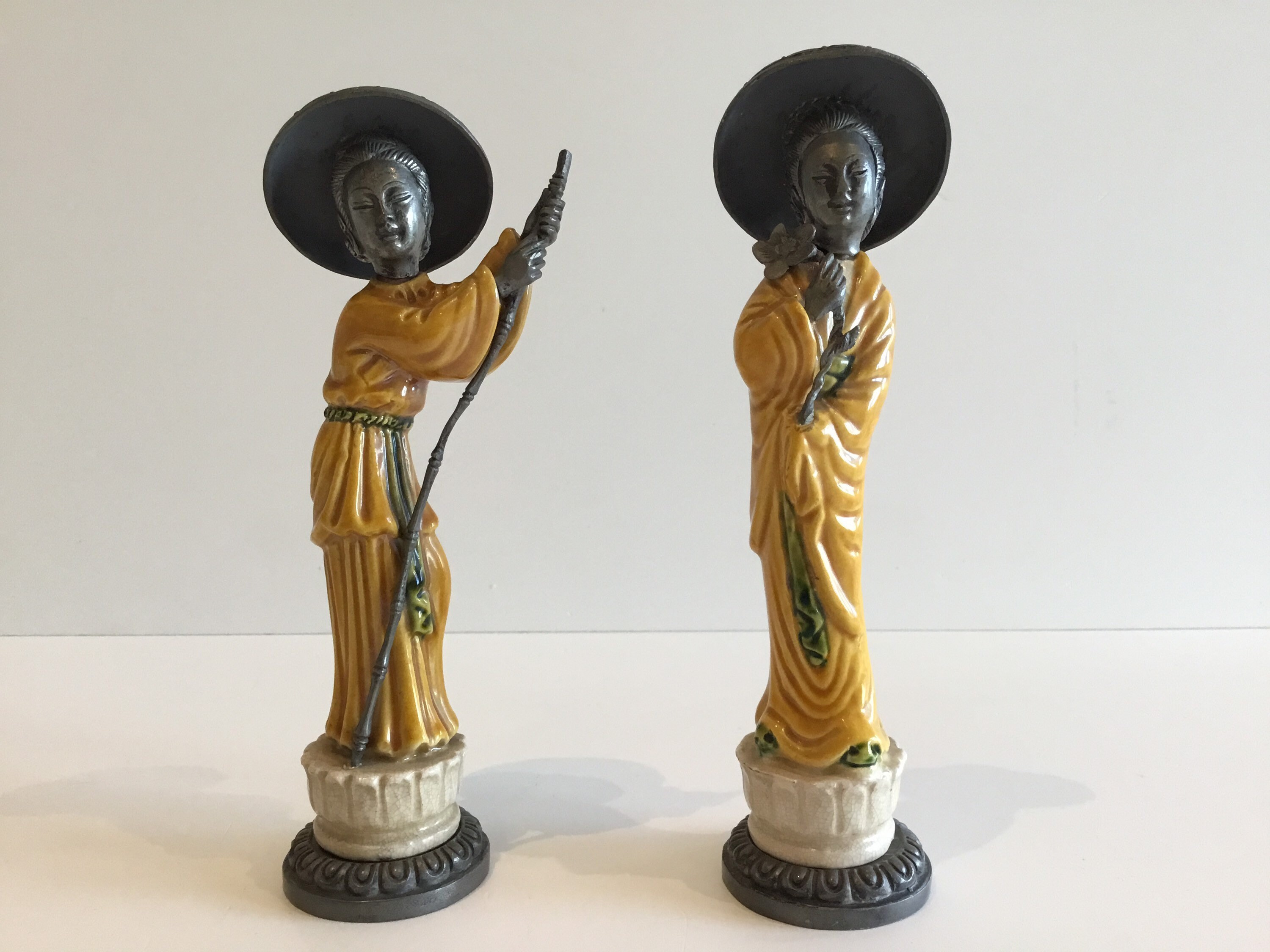 Vintage Italian Figurines | 1940s Majolica & Pewter Pair, Peltro Marked Art Deco Statues — photo 2 of 10
