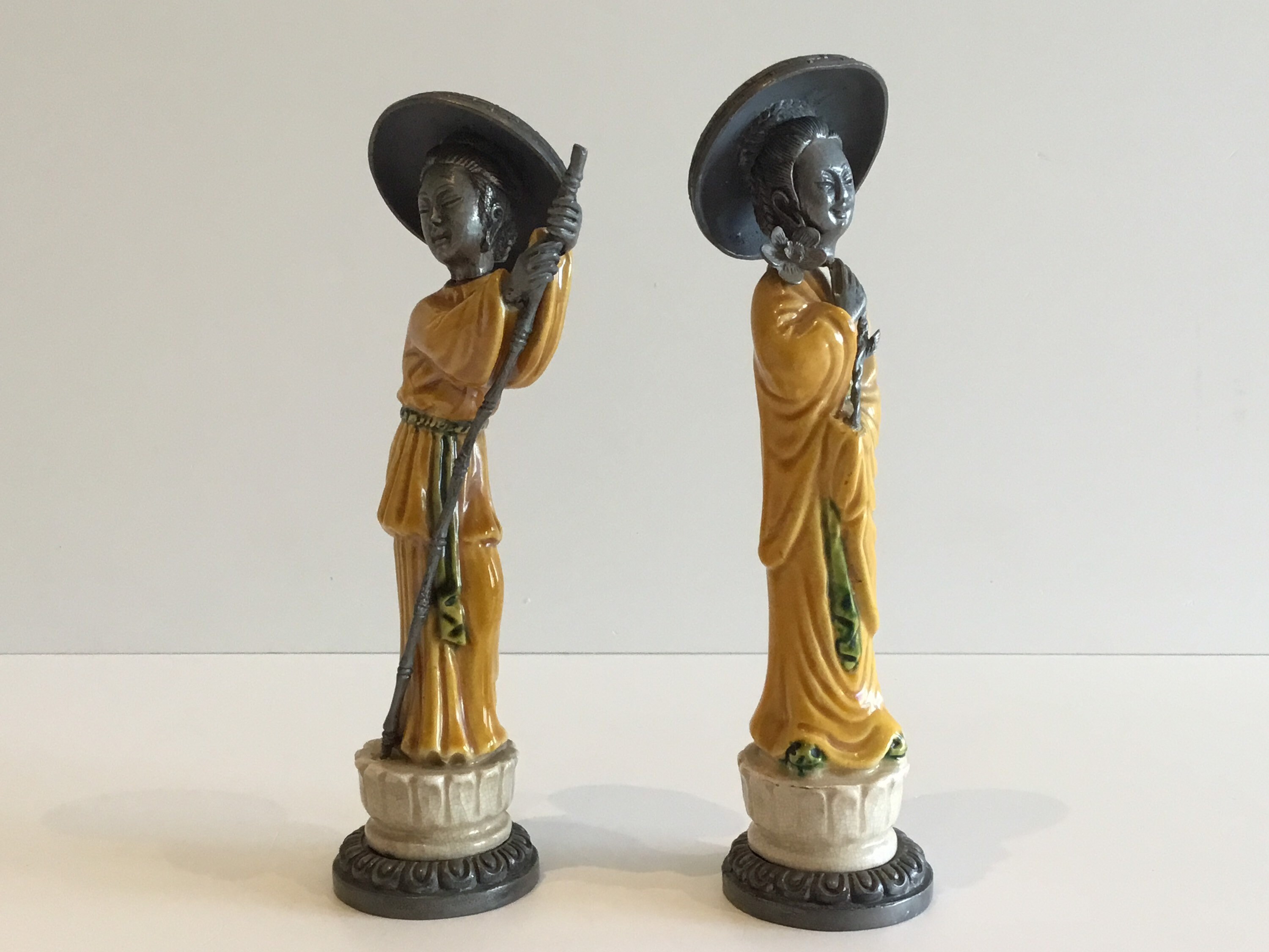 Vintage Italian Figurines | 1940s Majolica & Pewter Pair, Peltro Marked Art Deco Statues — photo 3 of 10