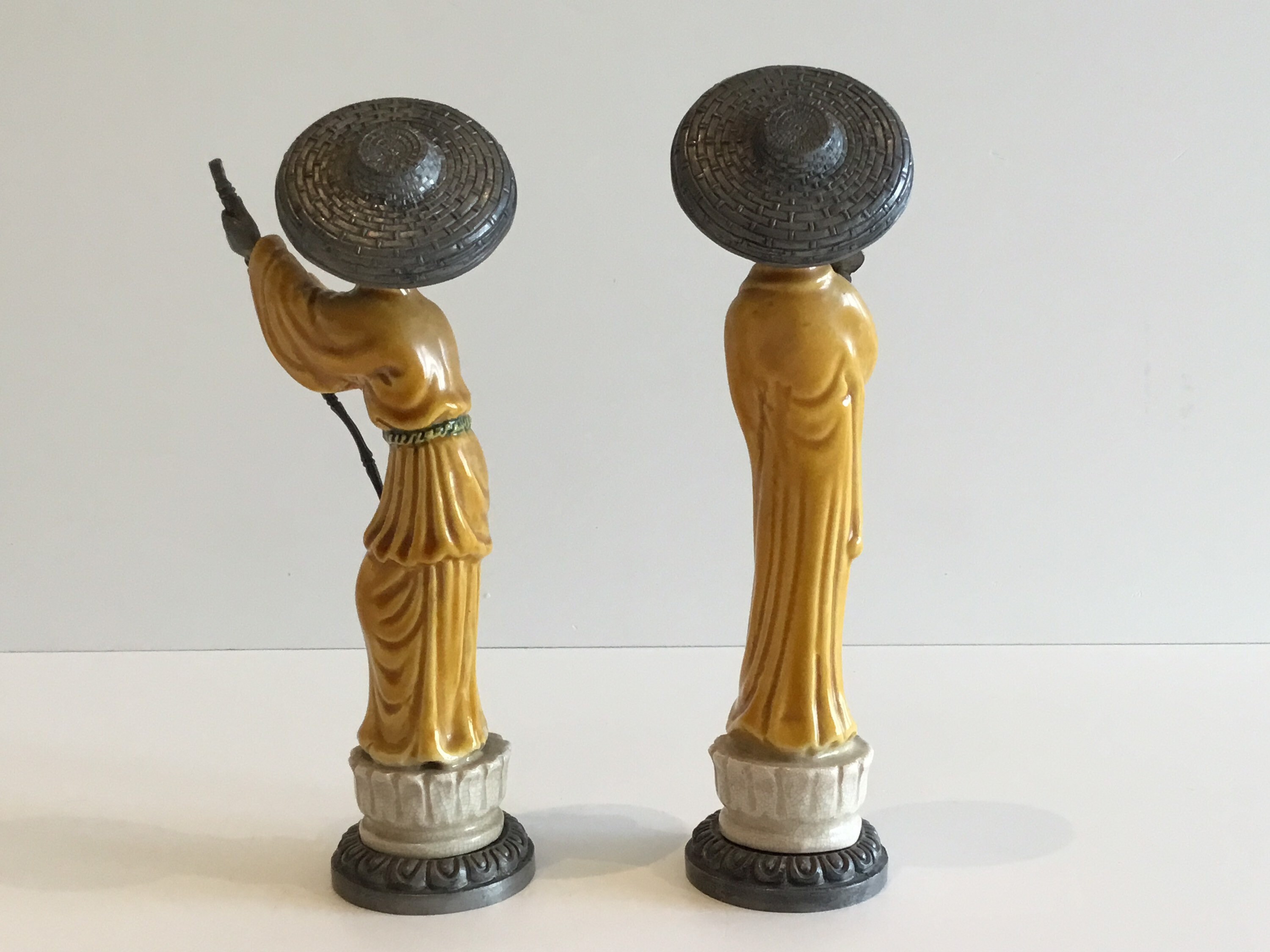 Vintage Italian Figurines | 1940s Majolica & Pewter Pair, Peltro Marked Art Deco Statues — photo 4 of 10