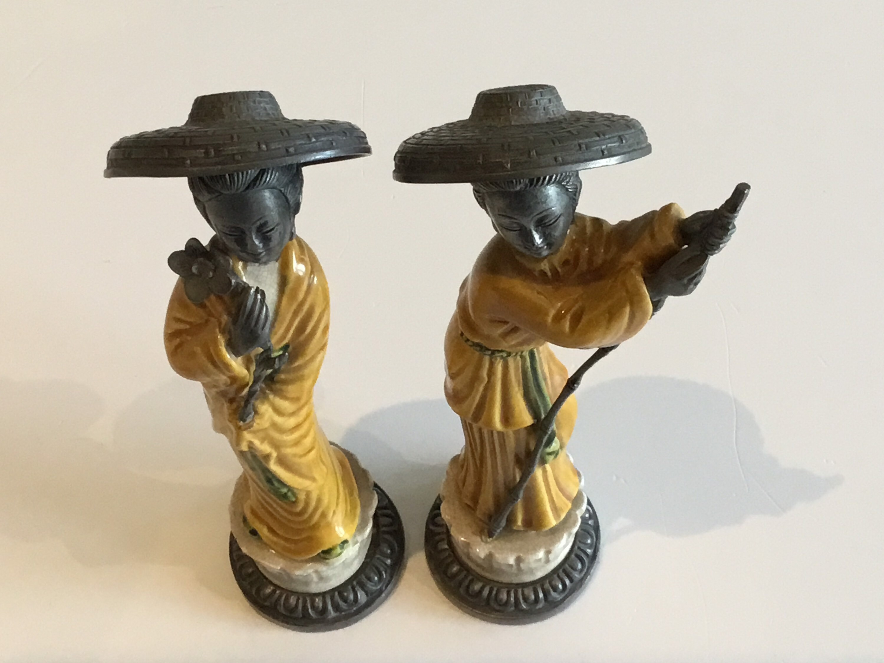 Vintage Italian Figurines | 1940s Majolica & Pewter Pair, Peltro Marked Art Deco Statues — photo 5 of 10