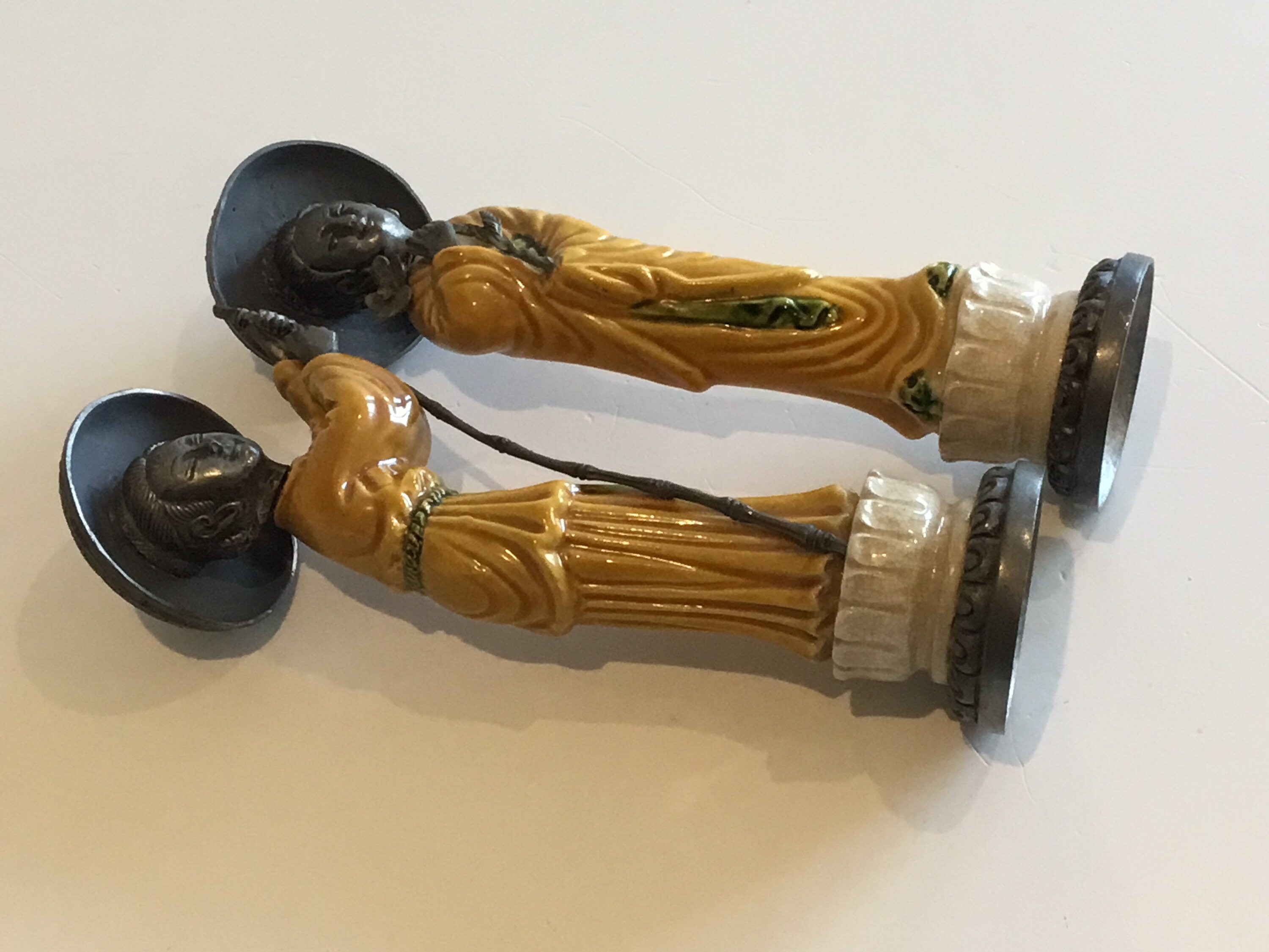 Vintage Italian Figurines | 1940s Majolica & Pewter Pair, Peltro Marked Art Deco Statues — photo 6 of 10