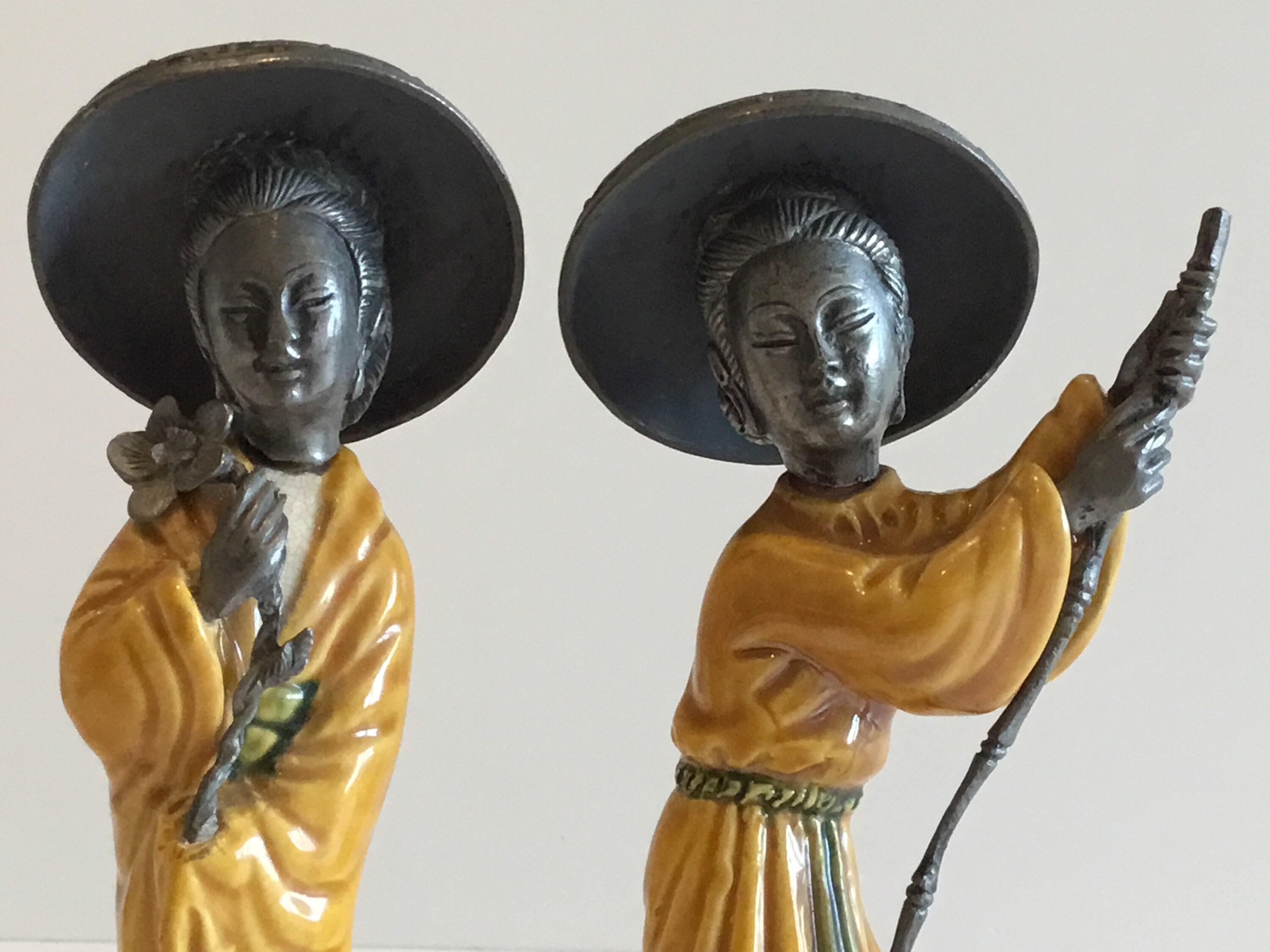 Vintage Italian Figurines | 1940s Majolica & Pewter Pair, Peltro Marked Art Deco Statues — photo 7 of 10