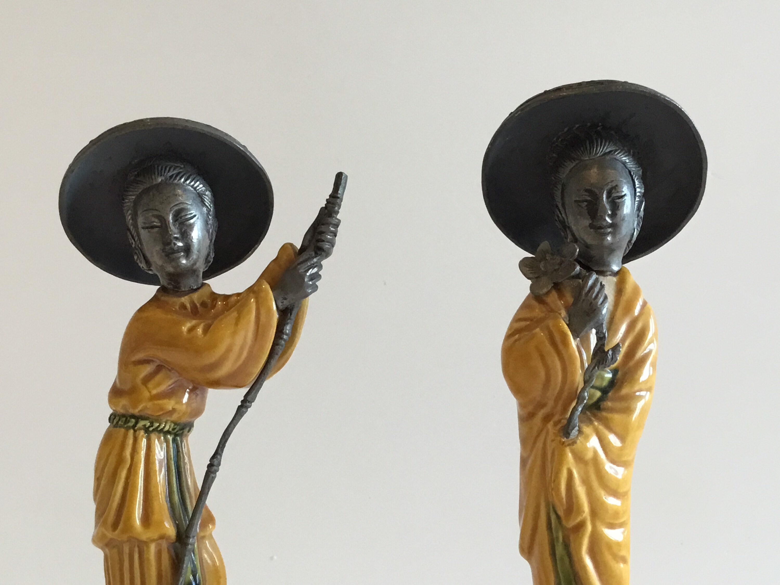 Vintage Italian Figurines | 1940s Majolica & Pewter Pair, Peltro Marked Art Deco Statues — photo 8 of 10