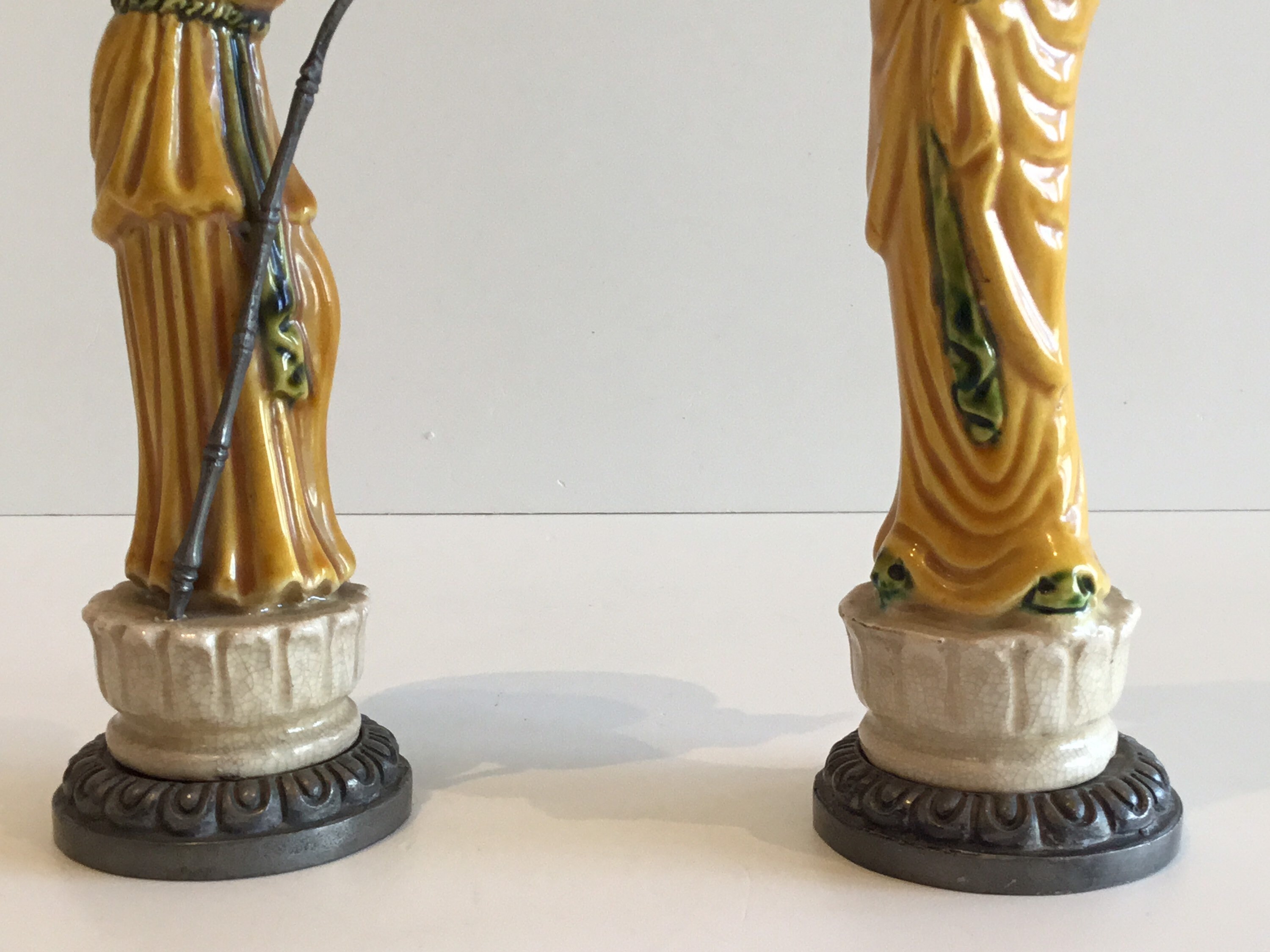 Vintage Italian Figurines | 1940s Majolica & Pewter Pair, Peltro Marked Art Deco Statues — photo 9 of 10