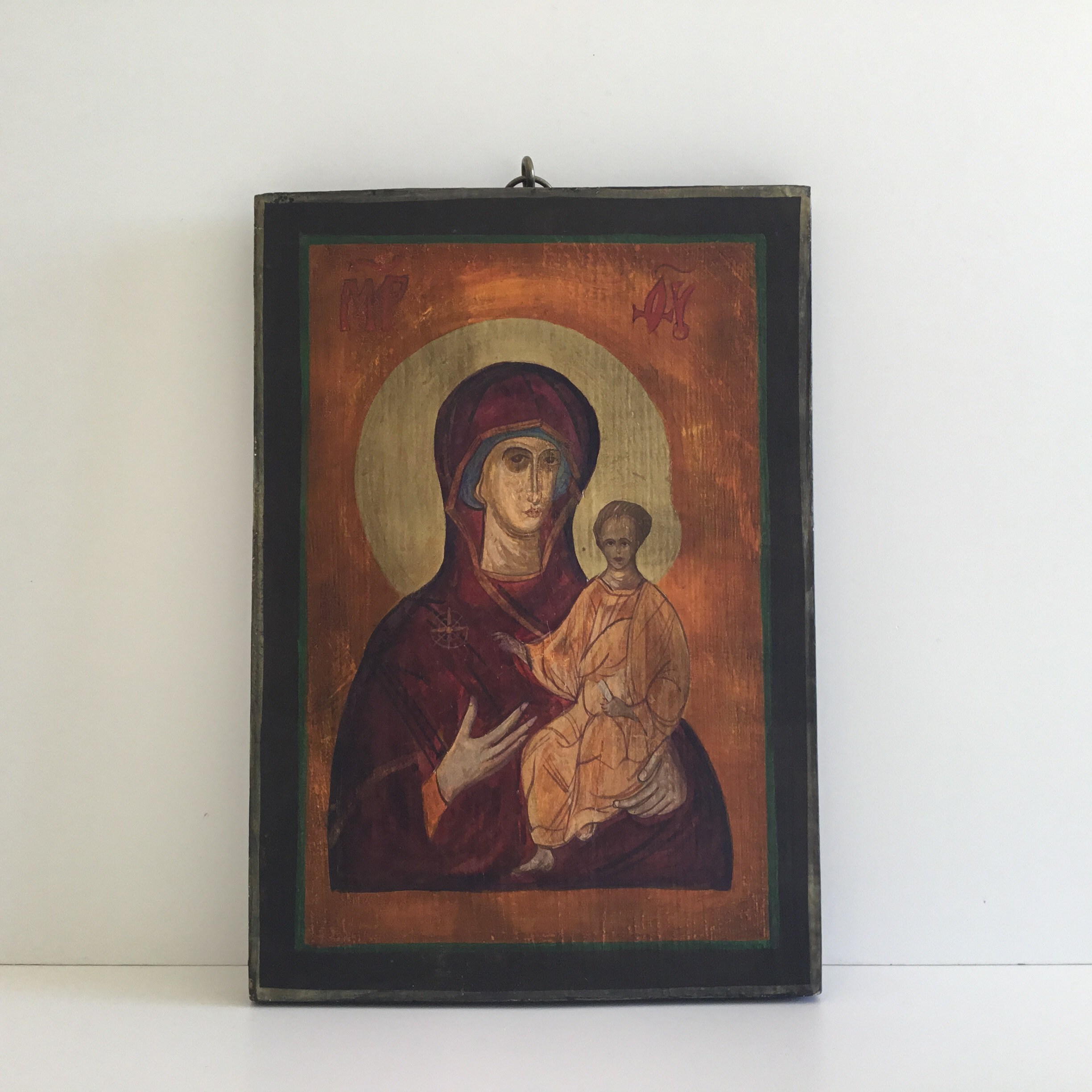 Vintage  Icon | Greek Orthodox Madonna and Child 1940s, Hand-Painted Tempera on Wood — photo 2 of 8