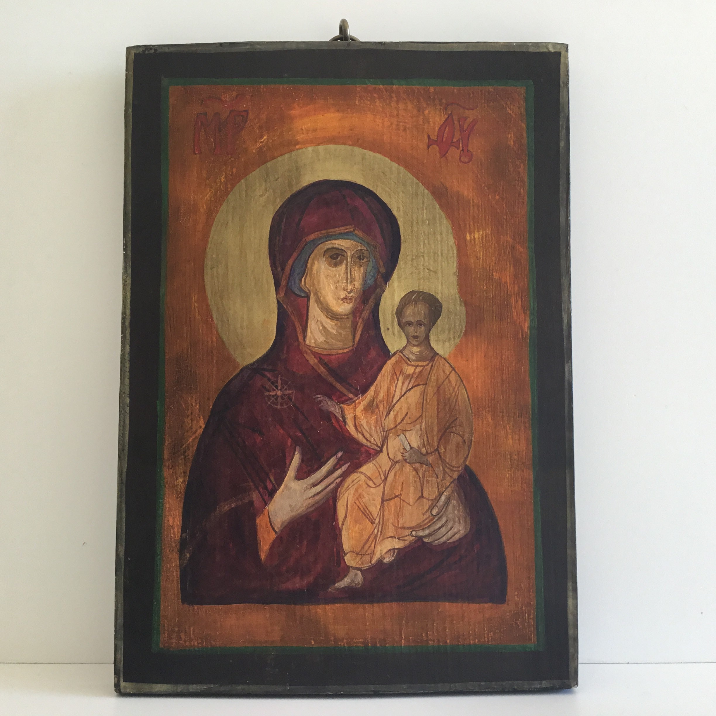 Vintage  Icon | Greek Orthodox Madonna and Child 1940s, Hand-Painted Tempera on Wood — photo 3 of 8
