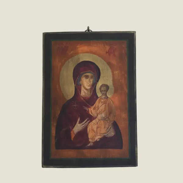 Vintage  Icon | Greek Orthodox Madonna and Child 1940s, Hand-Painted Tempera on Wood