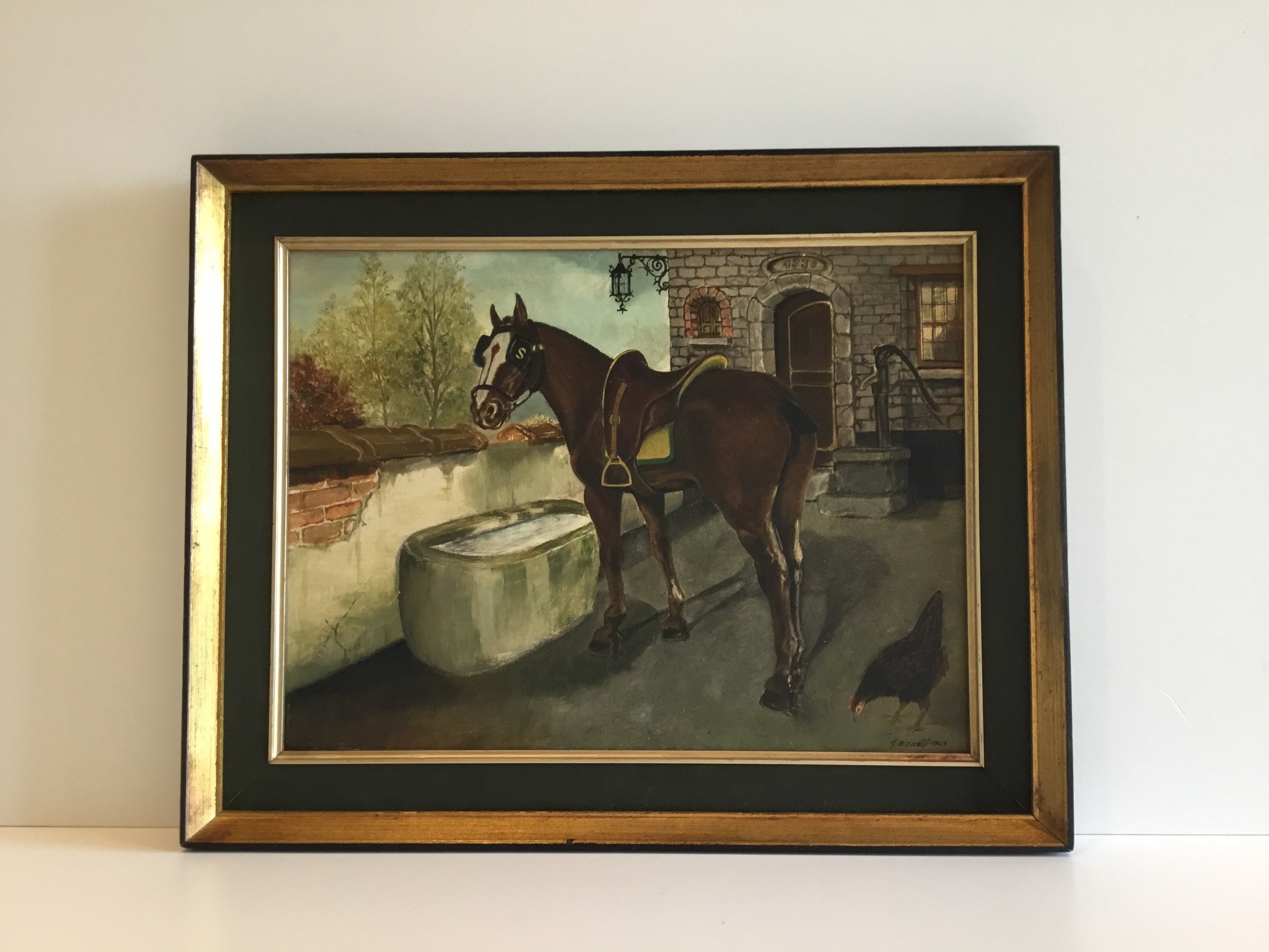 Vintage Horse Painting | G. Bianchi 1963 Italian Oil on Canvas, Farm Portrait with Frame — photo 2 of 8