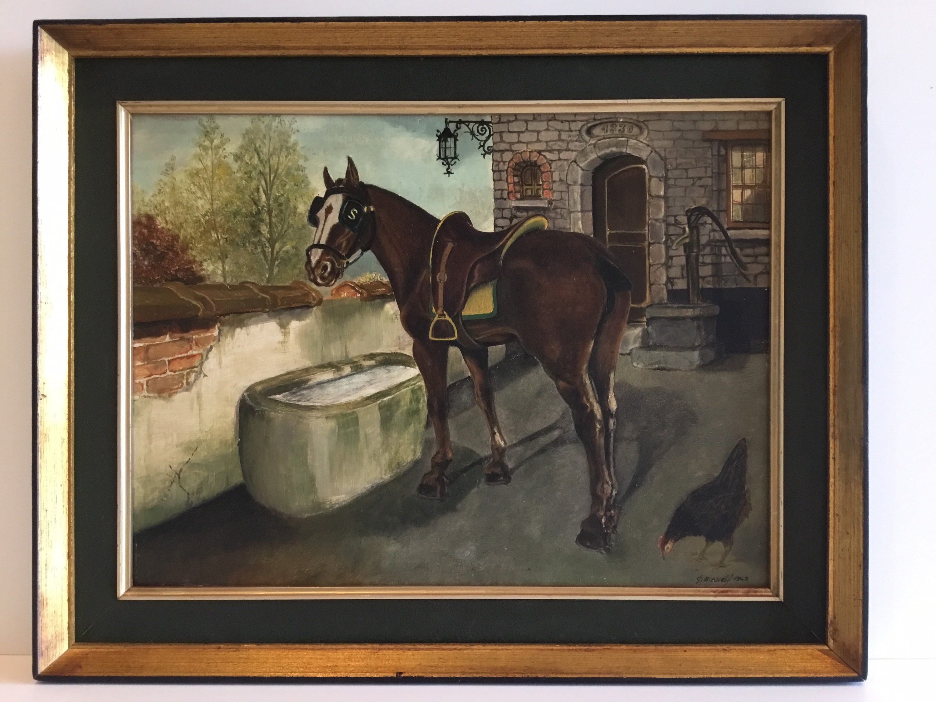 Vintage Horse Painting | G. Bianchi 1963 Italian Oil on Canvas, Farm Portrait with Frame — photo 3 of 8