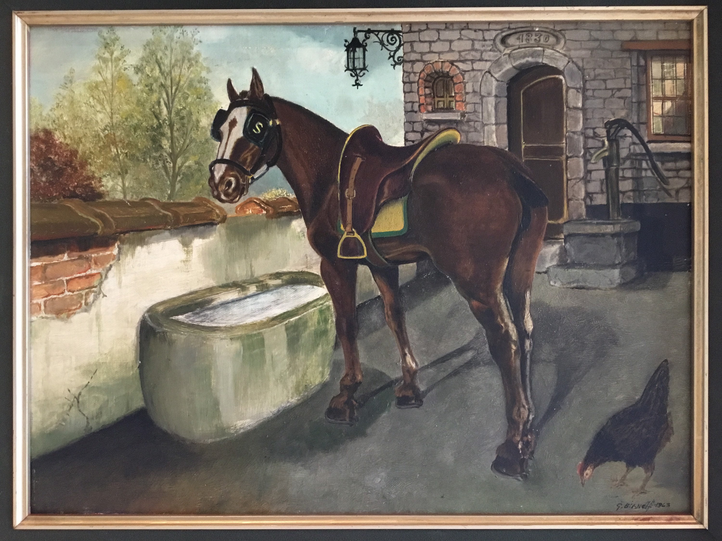 Vintage Horse Painting | G. Bianchi 1963 Italian Oil on Canvas, Farm Portrait with Frame — photo 4 of 8