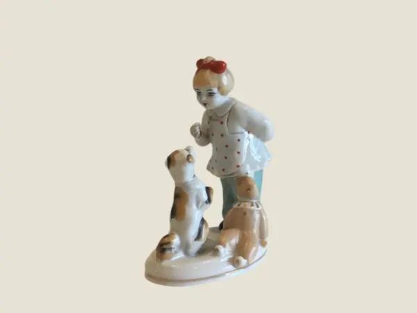 Vintage Porcelain | 1950s Girl with Dog Figurine, Kiev Ceramic Art Factory