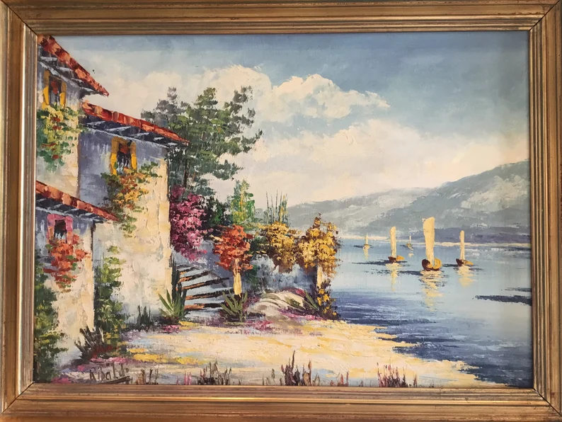 Vintage Marine Painting | Rinaldi 1950s Sicilian Landscape, Akoun Catalog Italian Artist — photo 2 of 8