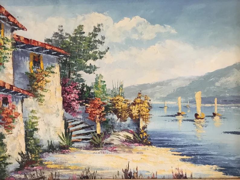 Vintage Marine Painting | Rinaldi 1950s Sicilian Landscape, Akoun Catalog Italian Artist — photo 3 of 8