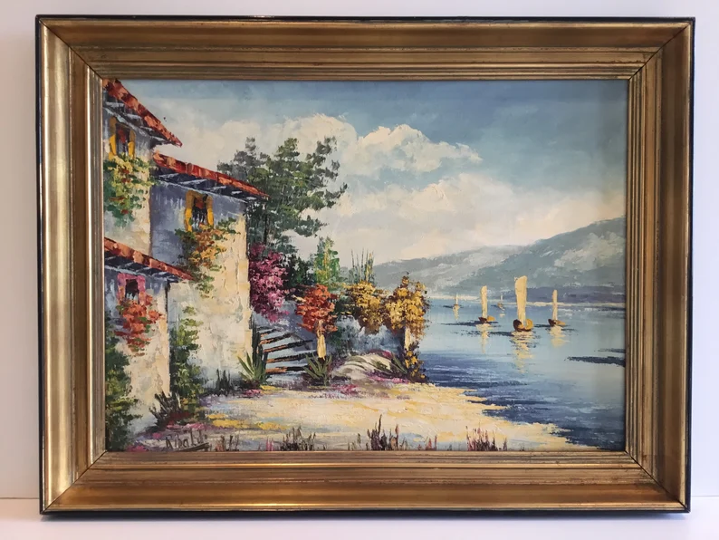Vintage Marine Painting | Rinaldi 1950s Sicilian Landscape, Akoun Catalog Italian Artist — photo 5 of 8